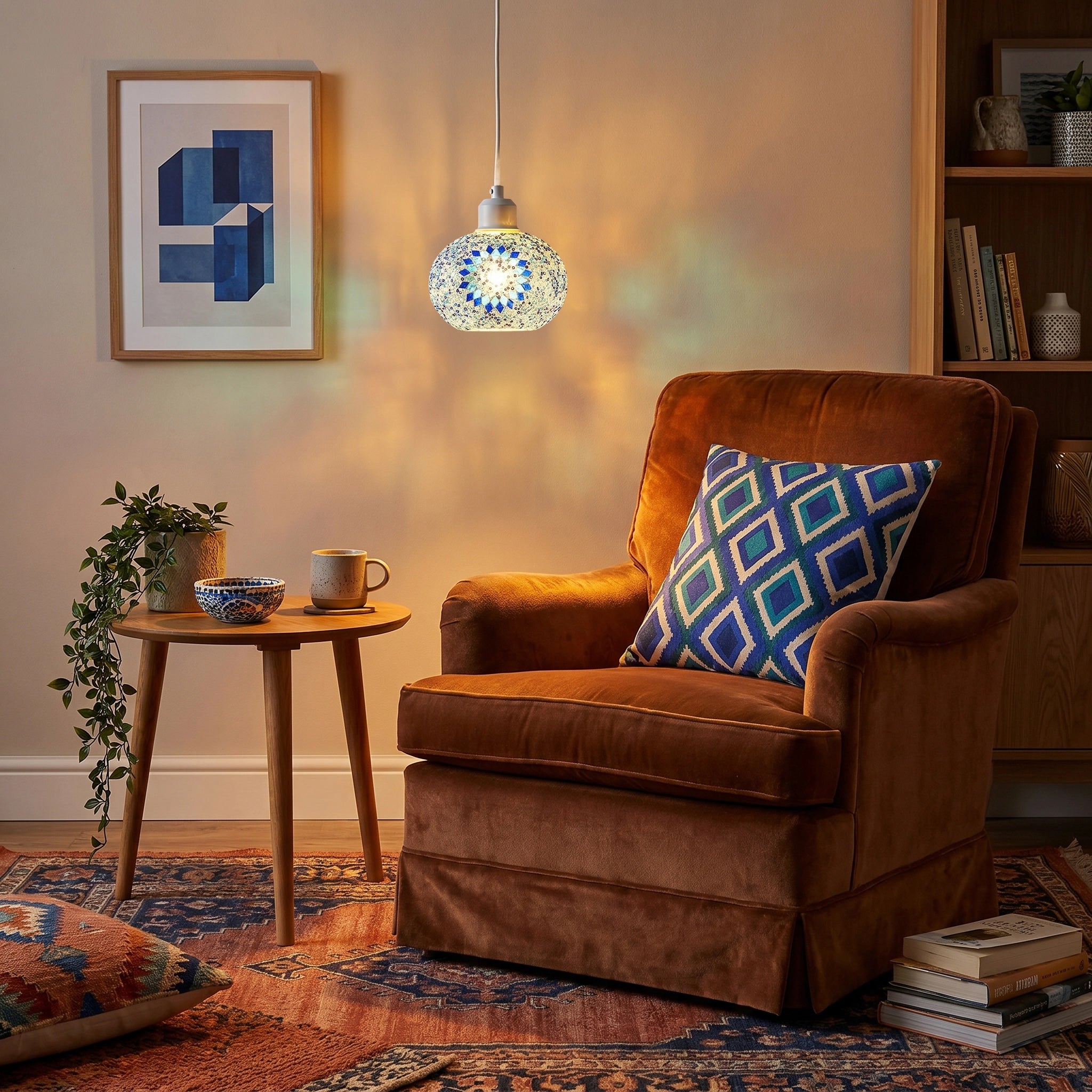 Light and Dark Blue Mosaic Glass Artisanal Pendant Ceiling Light Shade Image 6
