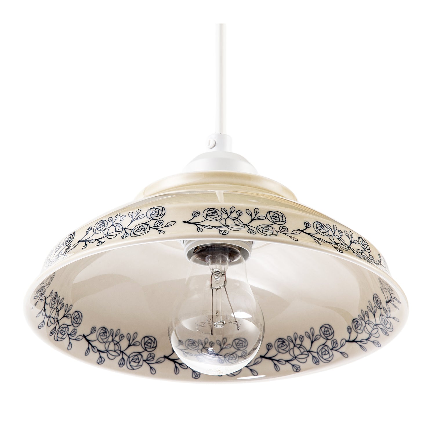 Cream Gloss Ceramic Pendant Light Shade with Navy Blue Floral Design Image 5
