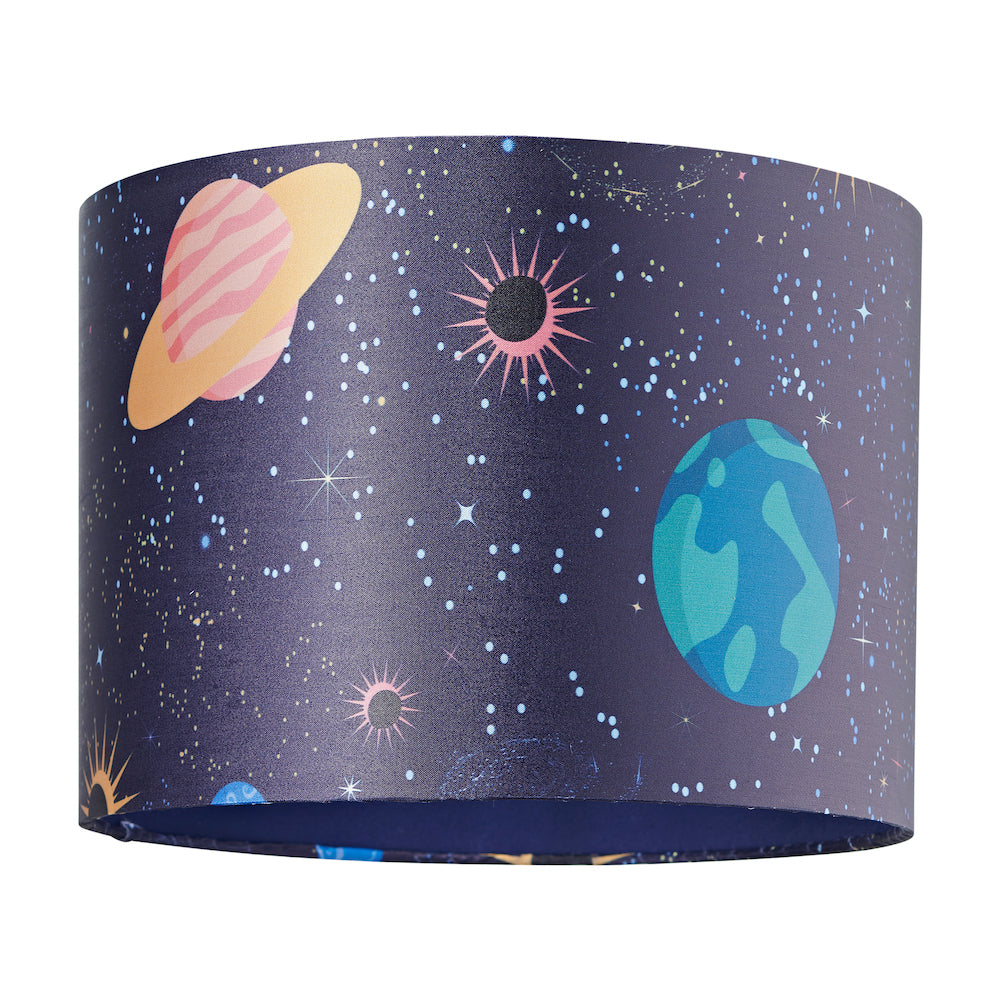 Colourful Universe Themed Lampshade in Navy Blue with Planets, Suns and Stars Image 1