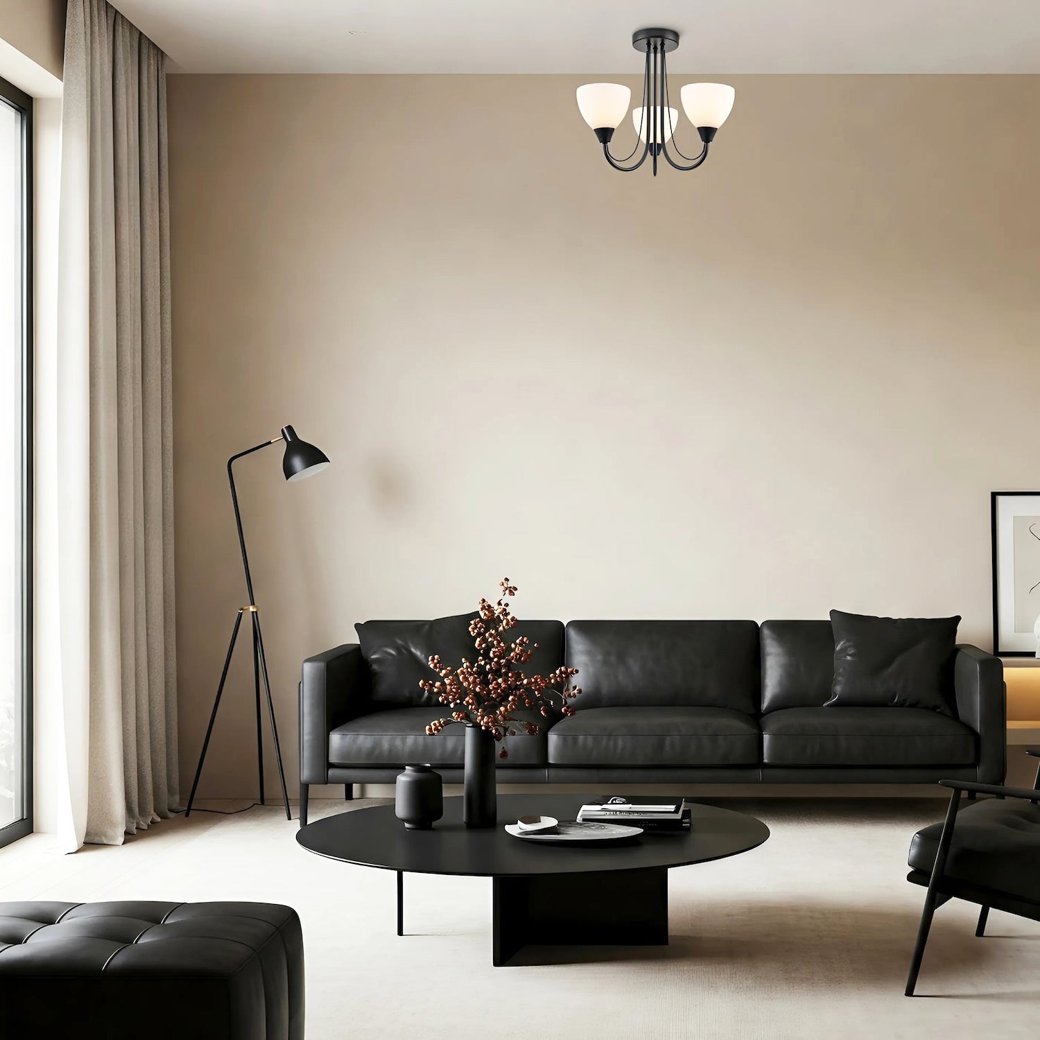 Designer Matte Black Three Arm Ceiling Light with Opal White Glass Shades Image 7