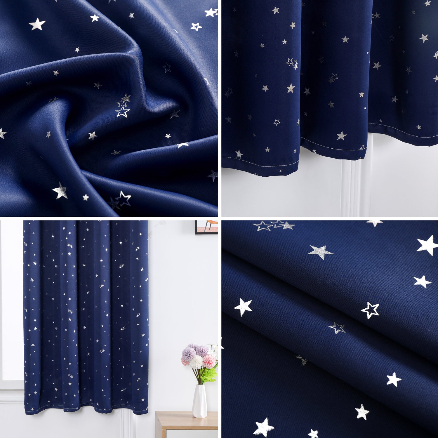 Midnight Navy Star Pattern Eyelet Blackout Curtain - 52 x 63 Inch Drop - 2 Panel Image 2