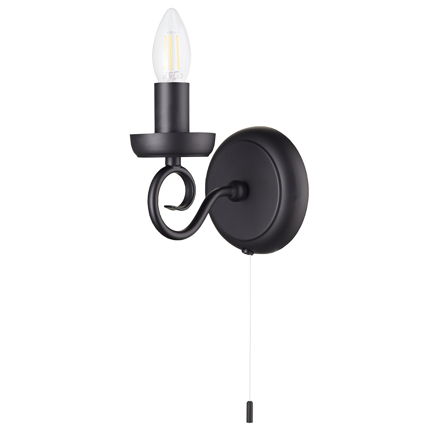 Traditional Style Matt Black Wall Light Fitting with Scroll Arm and Pull Switch Image 1