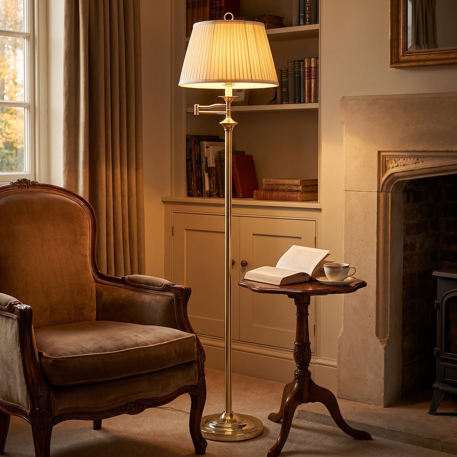 Traditional Polished Brass Swing Arm Floor Lamp with Cream Shade Image 6