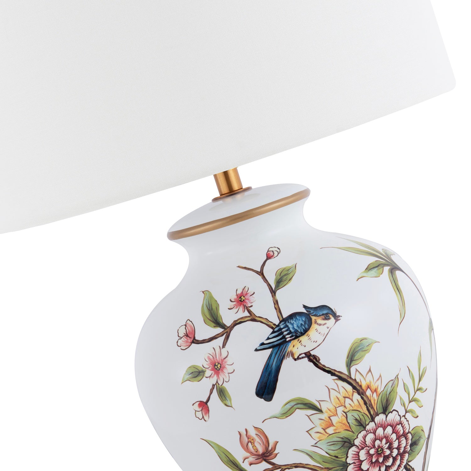 Traditional Ceramic Lamp Base in White Gloss with Coloured Birds and Flowers Image 4