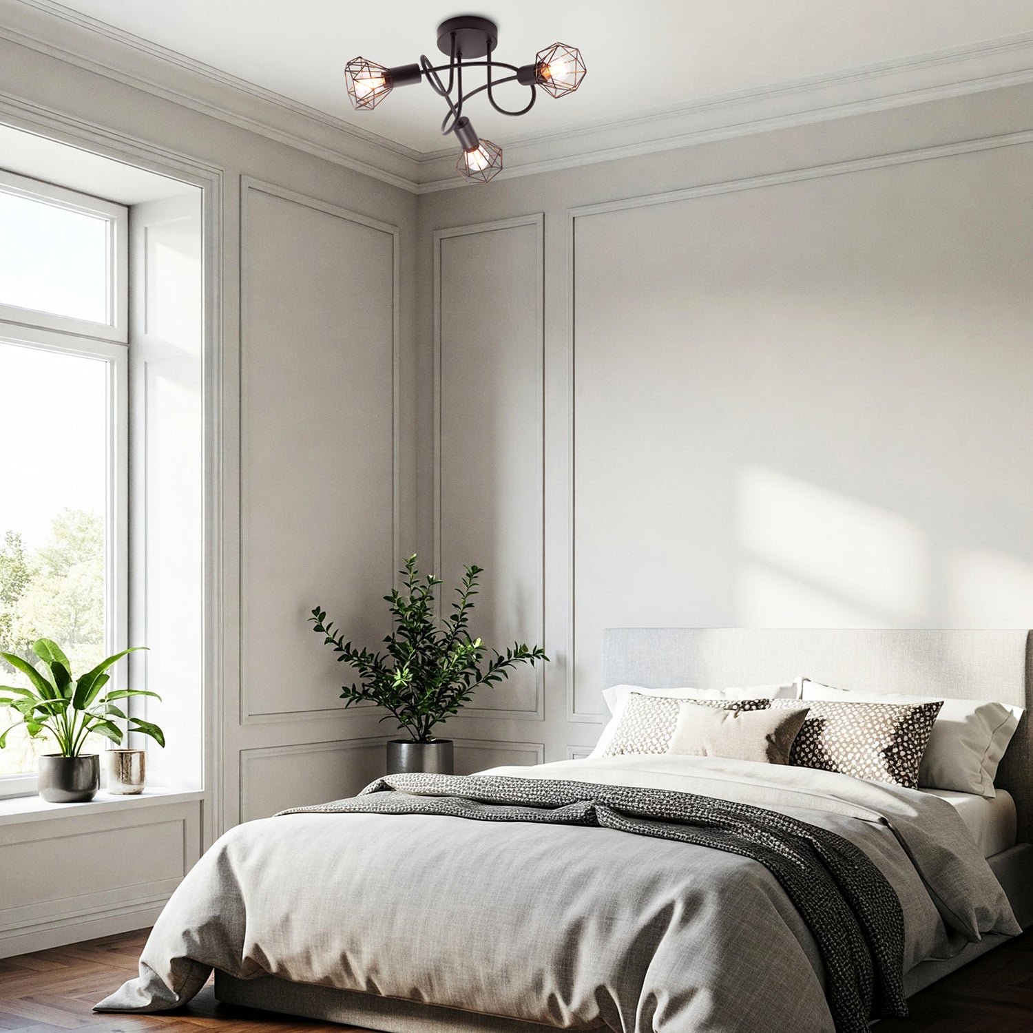 Modern Matte Sand Black Ceiling Light Fitting with Twisting Arms and Cage Shades Image 7