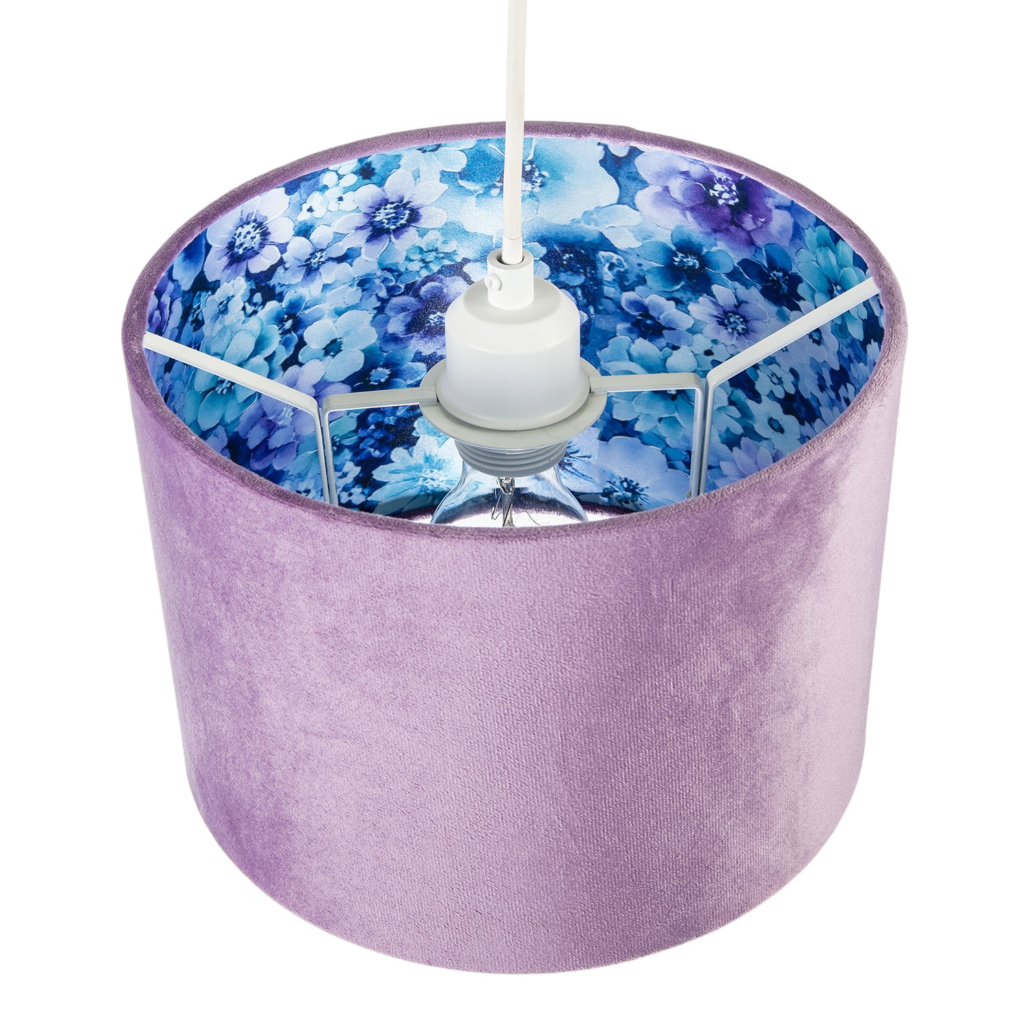 Soft Lilac Velvet Drum Lampshade with Inner Coloured Floral Lining Image 4