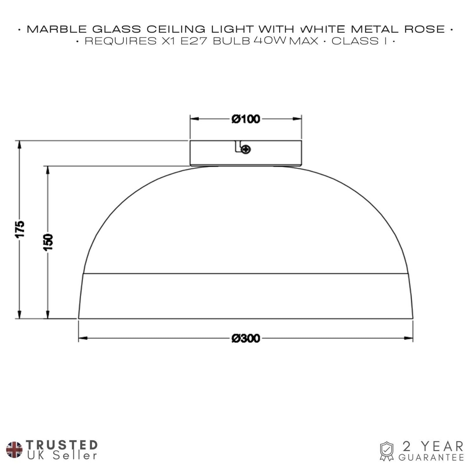 Modern White Marble Effect Domed Glass Ceiling Light with Gloss Metal Backplate Image 6