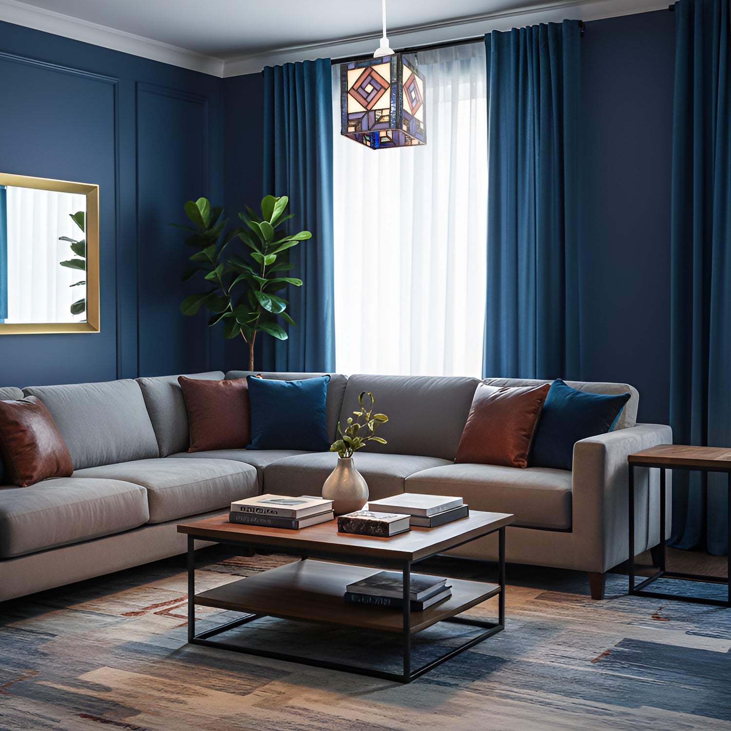 Classic Art Deco Tiffany Square Box Pendant Shade in Blue and Purple Image 5