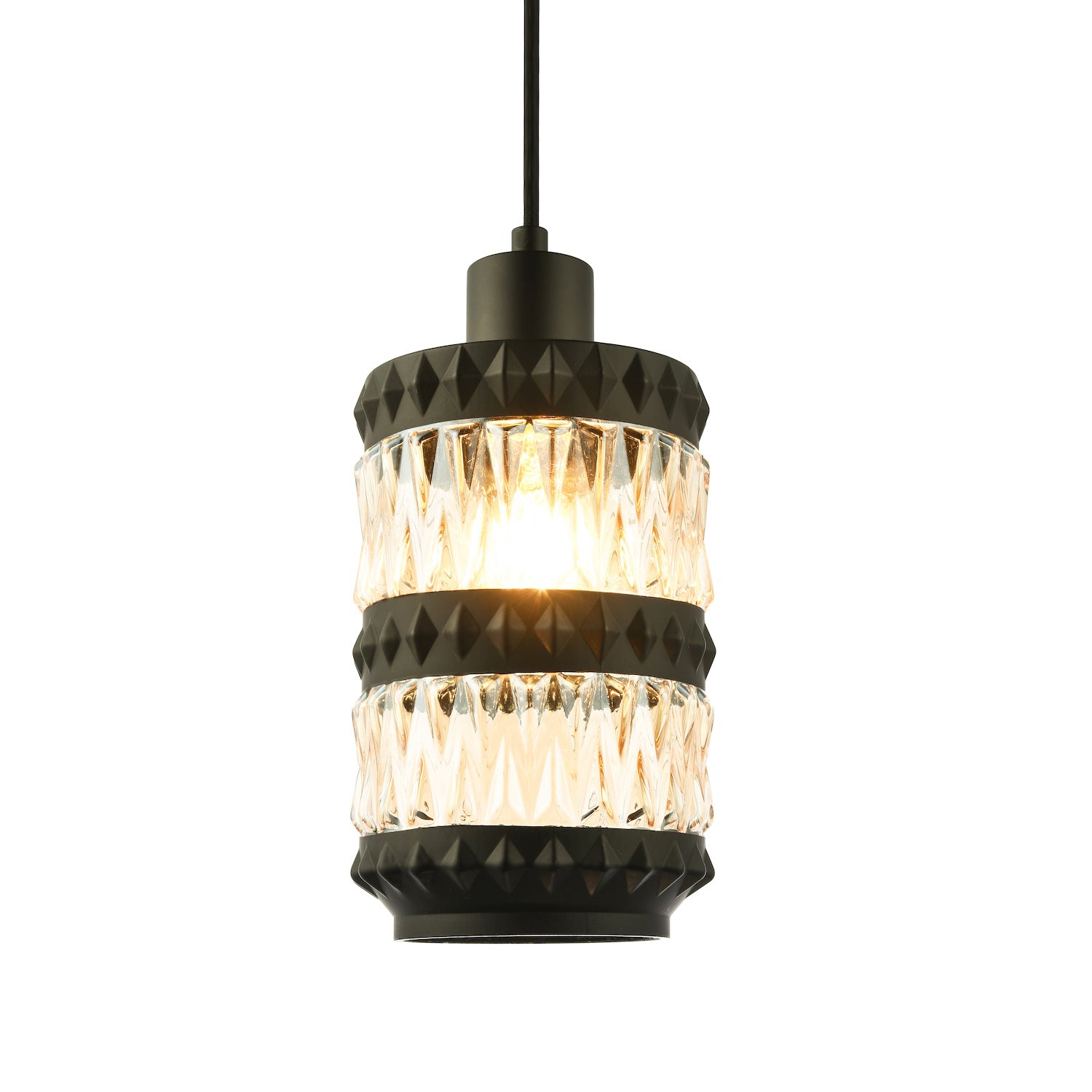 Traditional Can Shaped Pendant Shade in Matte Black with Amber Glass Sections Image 1