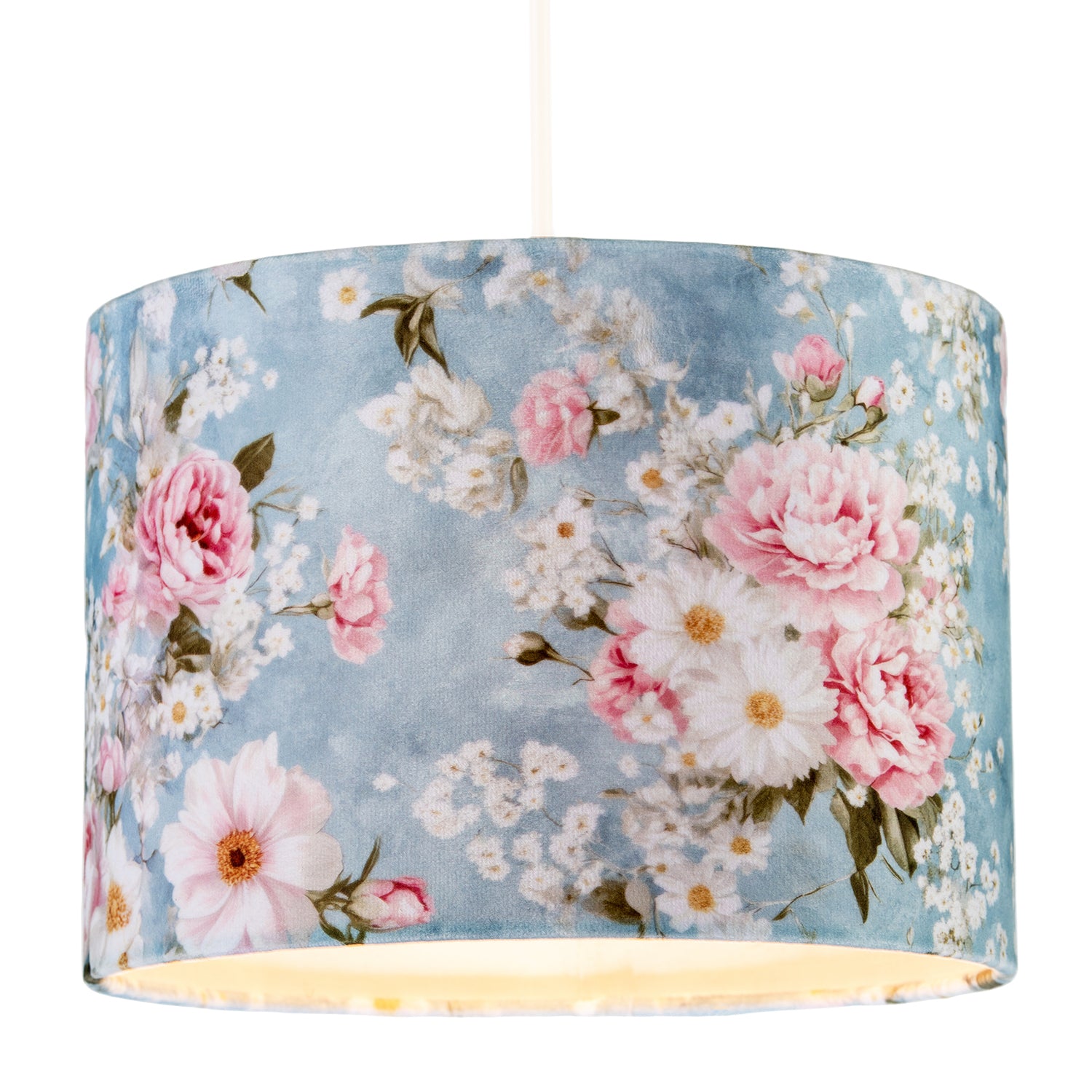 Vintage Chic Sky Blue Velvet Lamp Shade with Pink and White Flowers Image 2