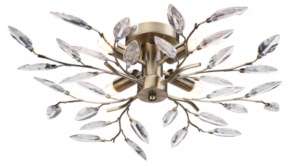 Modern Birch 4 Light Semi Flush Antique Brass Ceiling Light with Clear Leaves Image 1