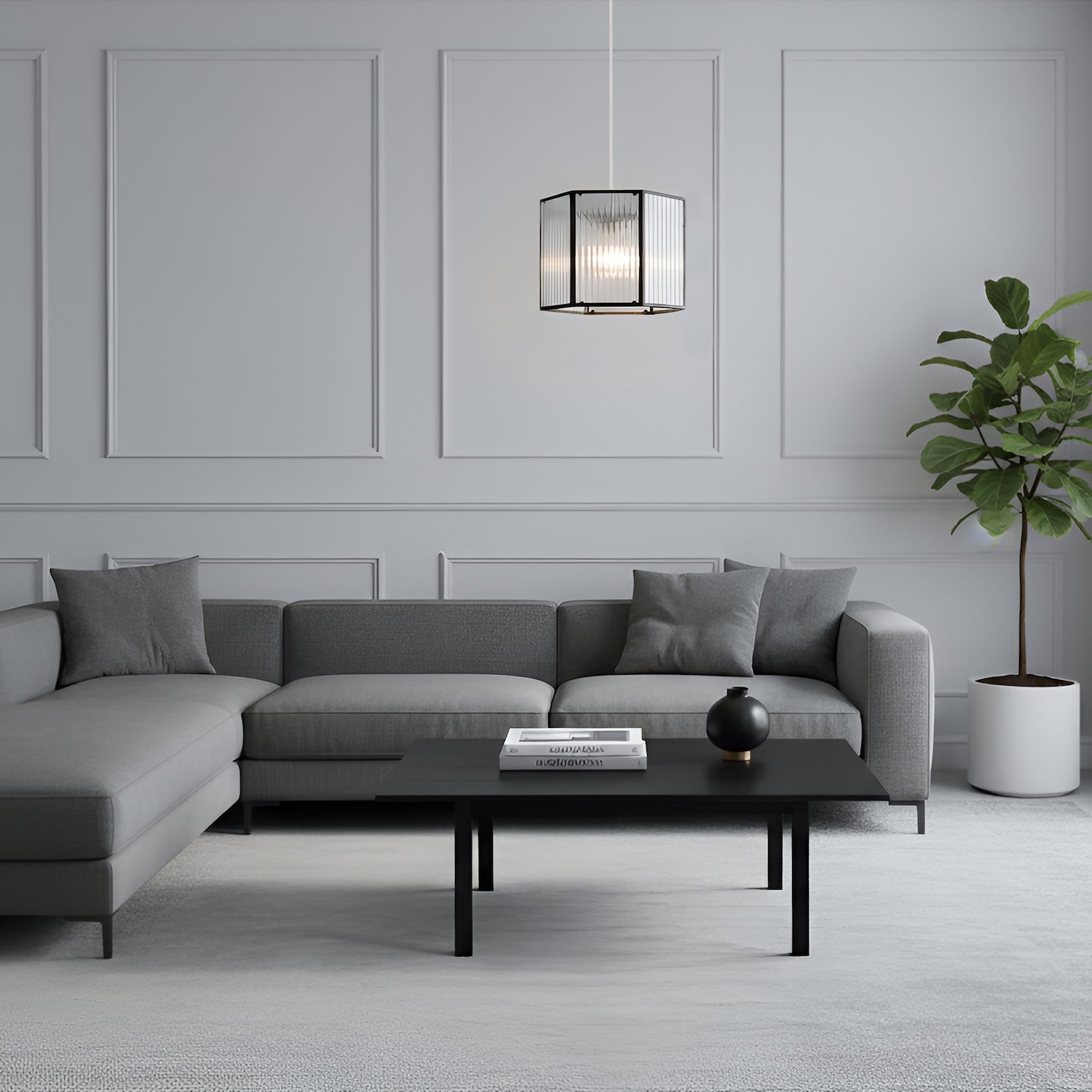 Vintage Industrial Lantern Pendant Shade in Black with Ribbed Glass Image 5