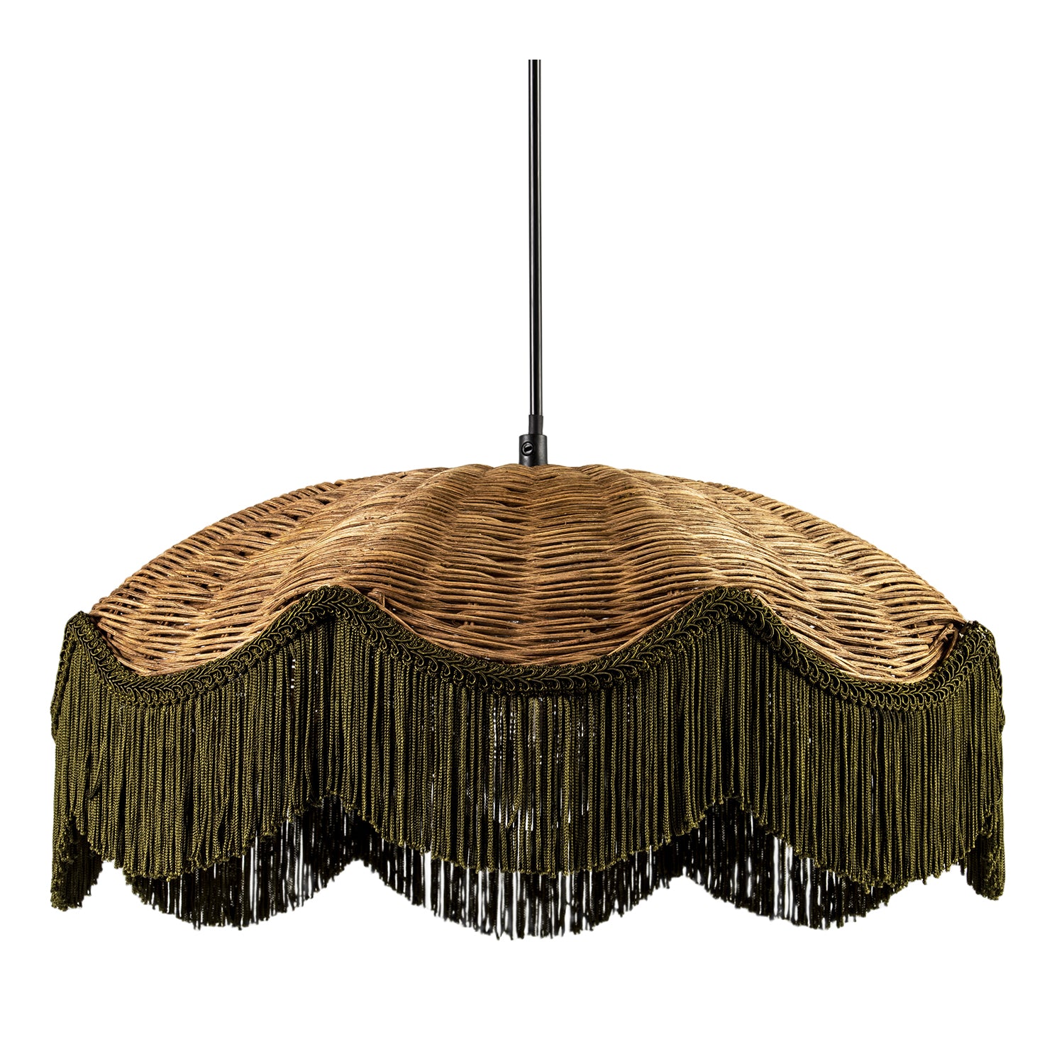 Woven Rattan Pendant Ceiling Shade with Forest Green Trim and Tassels Image 1