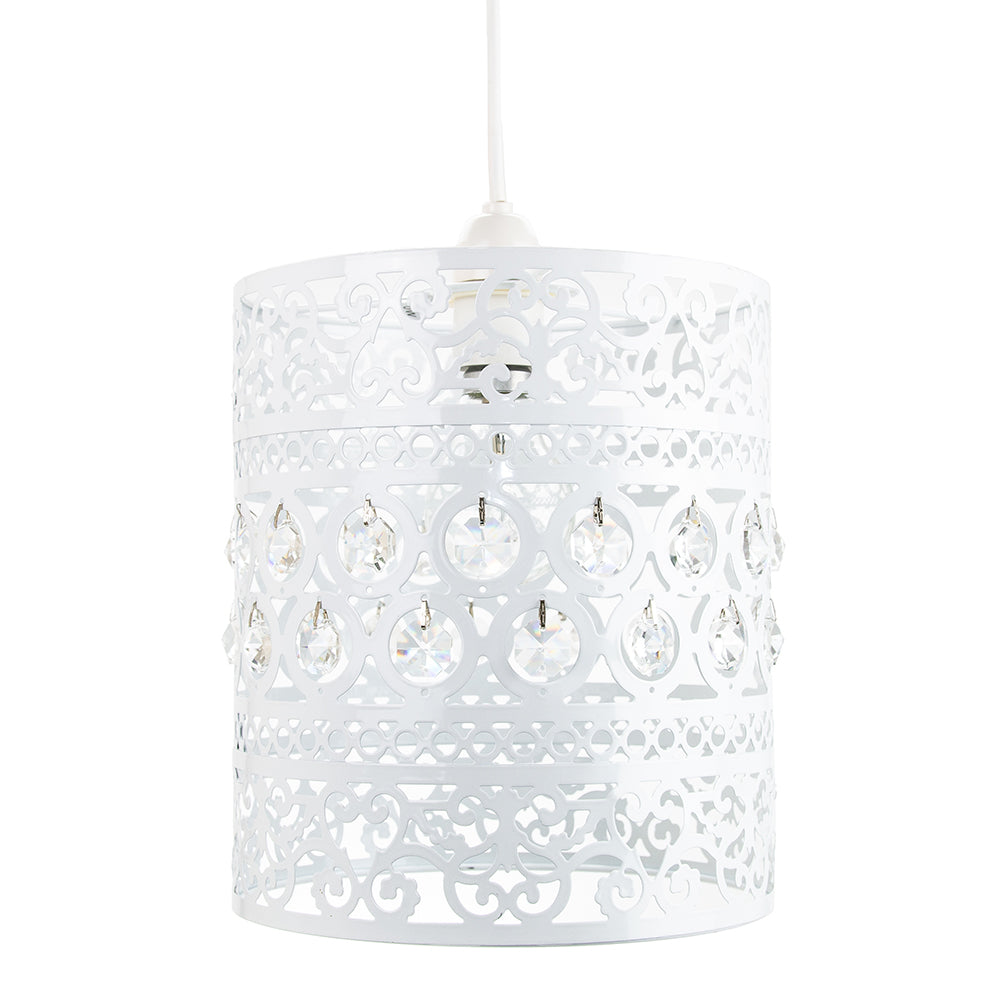 Traditional and Ornate White Easy Fit Pendant Shade with Clear Acrylic Droplets Image 1