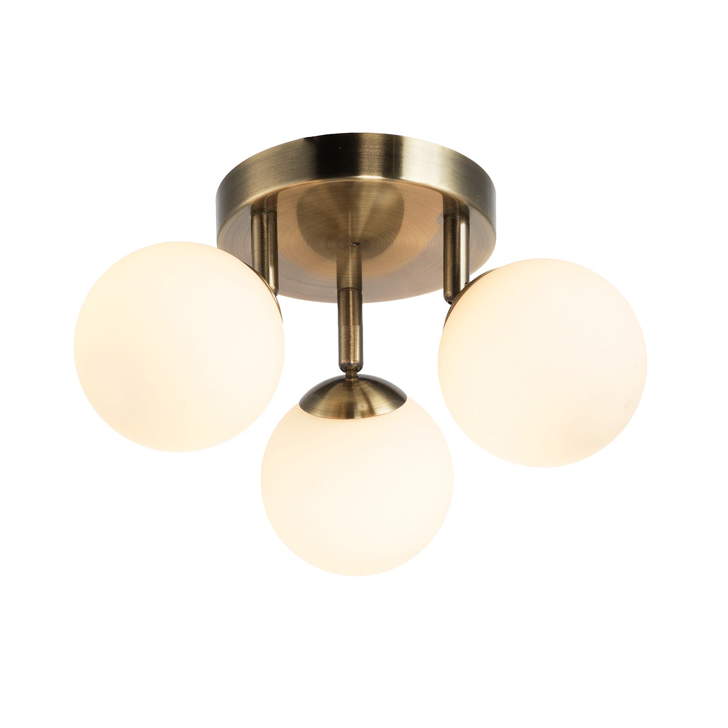 Modern Triple Opal Glass Globe IP44 Rated Bathroom Antique Brass Ceiling Light Image 1