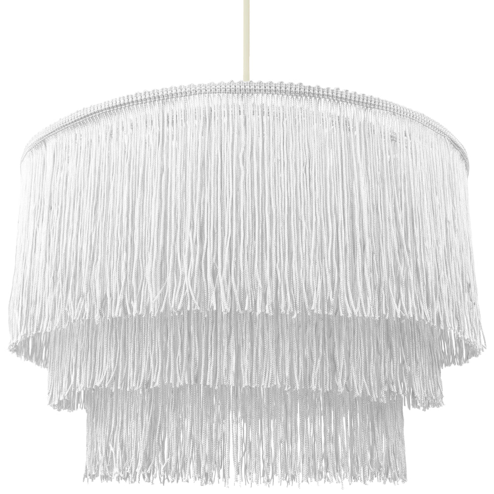 Traditional 3-Tier White Fabric Tassels Pendant Light Shade with Decorative Trim Image 1