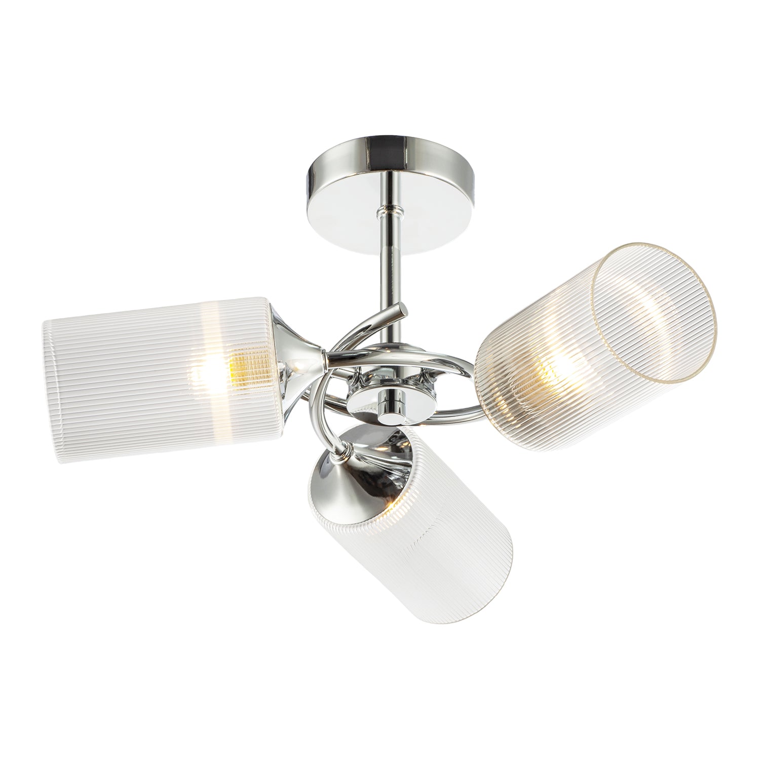 Modern Chrome Ceiling Light with Cylindrical Lined Clear Glass Shades Image 2