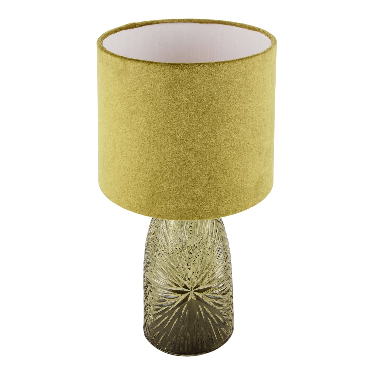 Modern Table Lamp with Faceted Glass Base and Olive Green Velvet Shade Image 3
