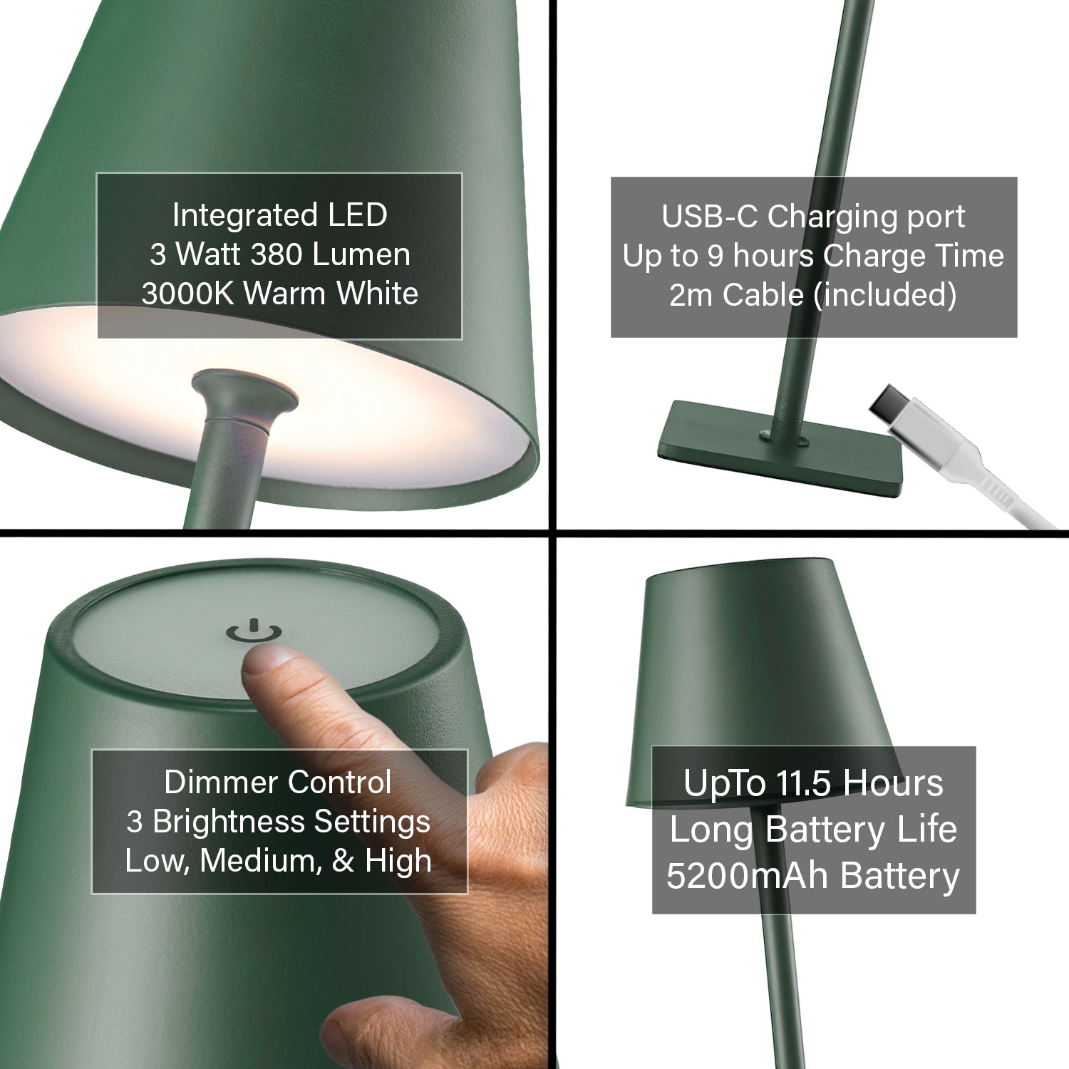 Tall Forest Green Rechargeable Touch Dimmable Table Lamp with Metal Shade Image 4