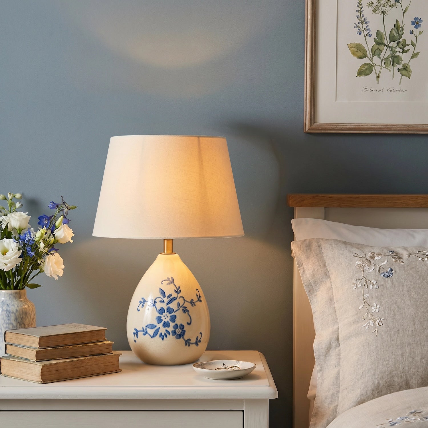Hand Painted Blue Floral Themed Ceramic Table Lamp Base with Switch Image 6