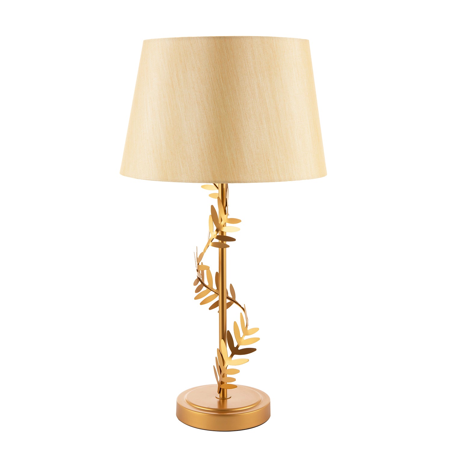 Modern Satin Gold Table Lamp with Twisting Floral Decor and Linen Fabric Shade Image 1