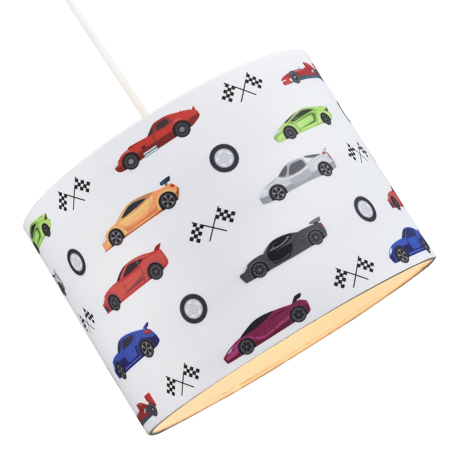 Modern and Colourful Racing Cars Kids Cotton Fabric Round Drum Lamp Shade - 25cm Image 2