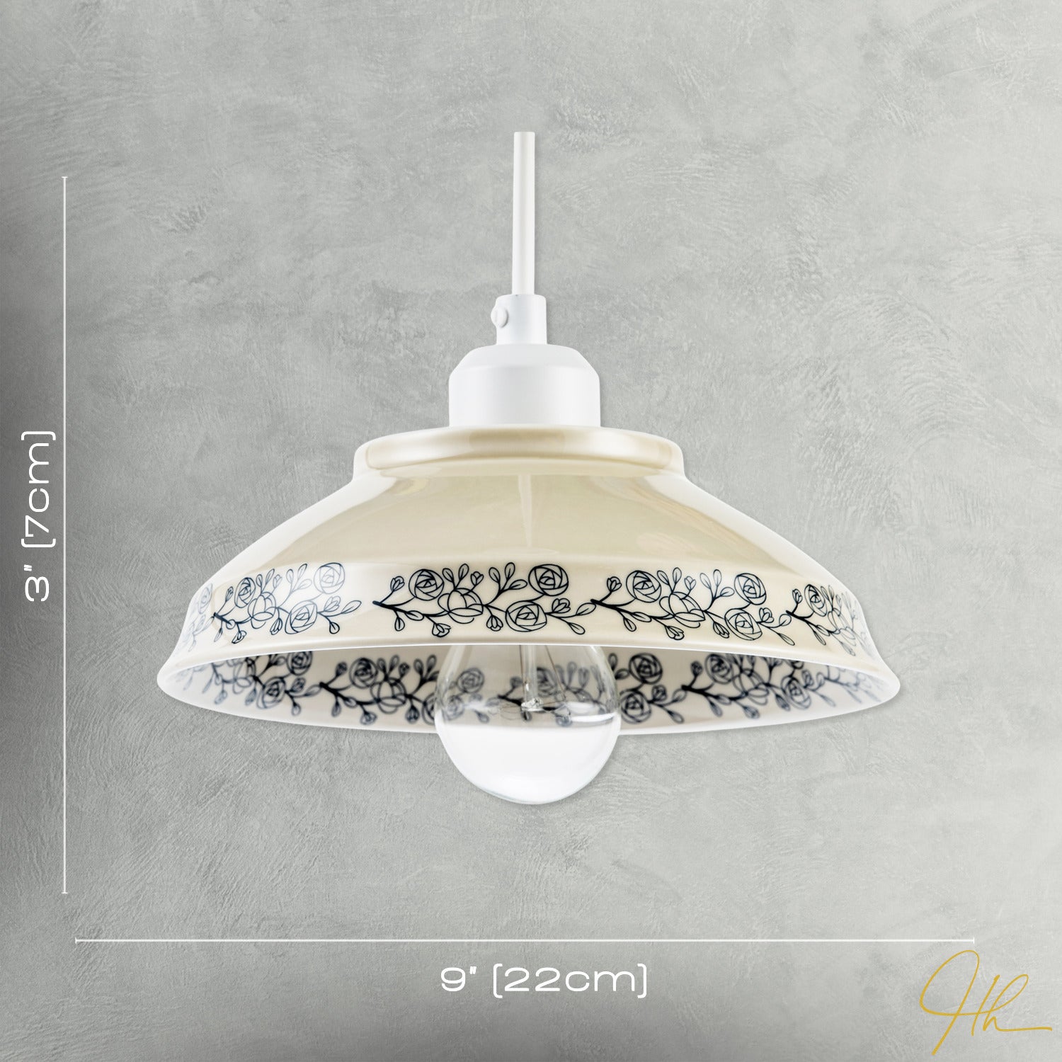 Cream Gloss Ceramic Pendant Light Shade with Navy Blue Floral Design Image 7