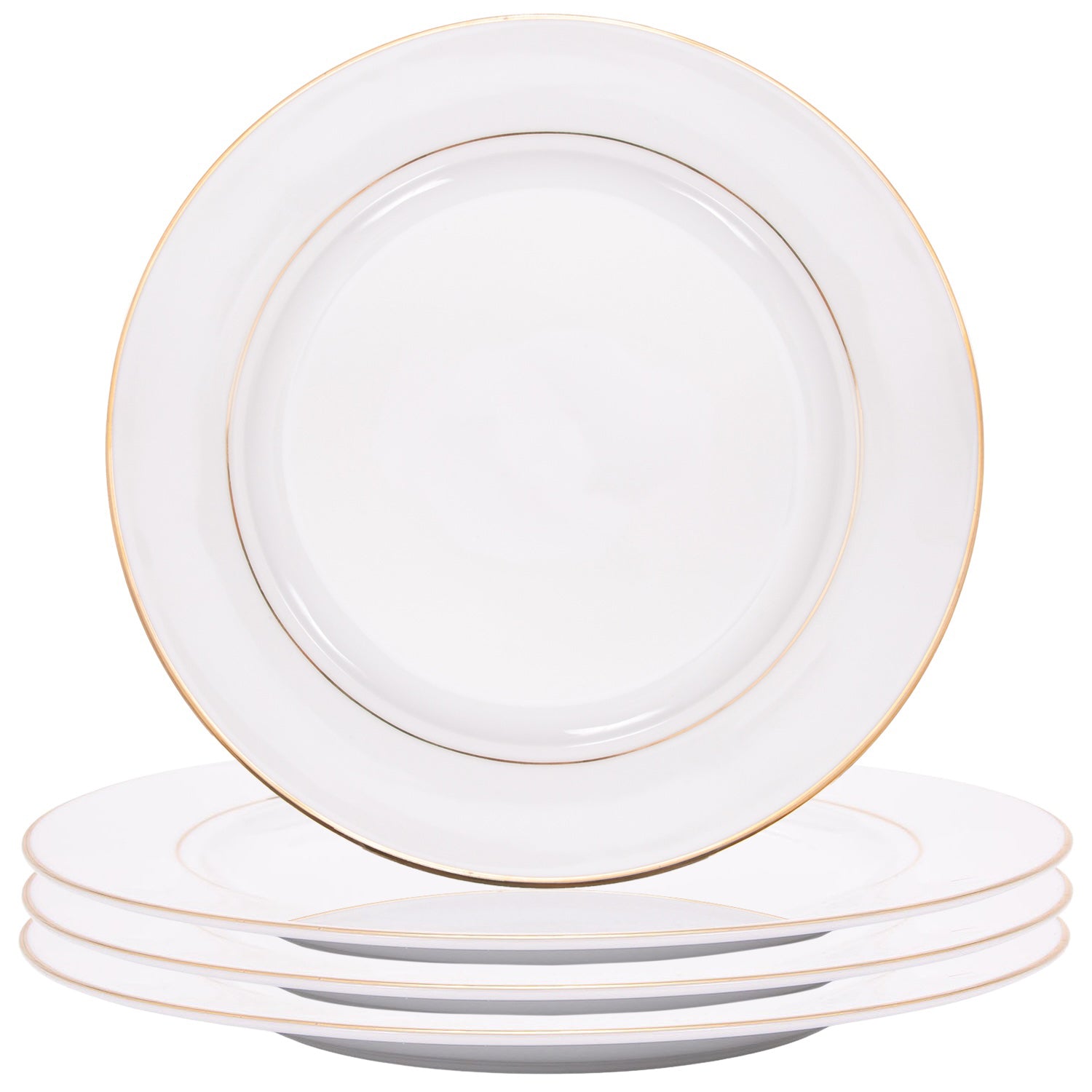 Set of 4 Durable White Ceramic Dinner Plates with Dual Shiny Gold Metallic Rims Image 1