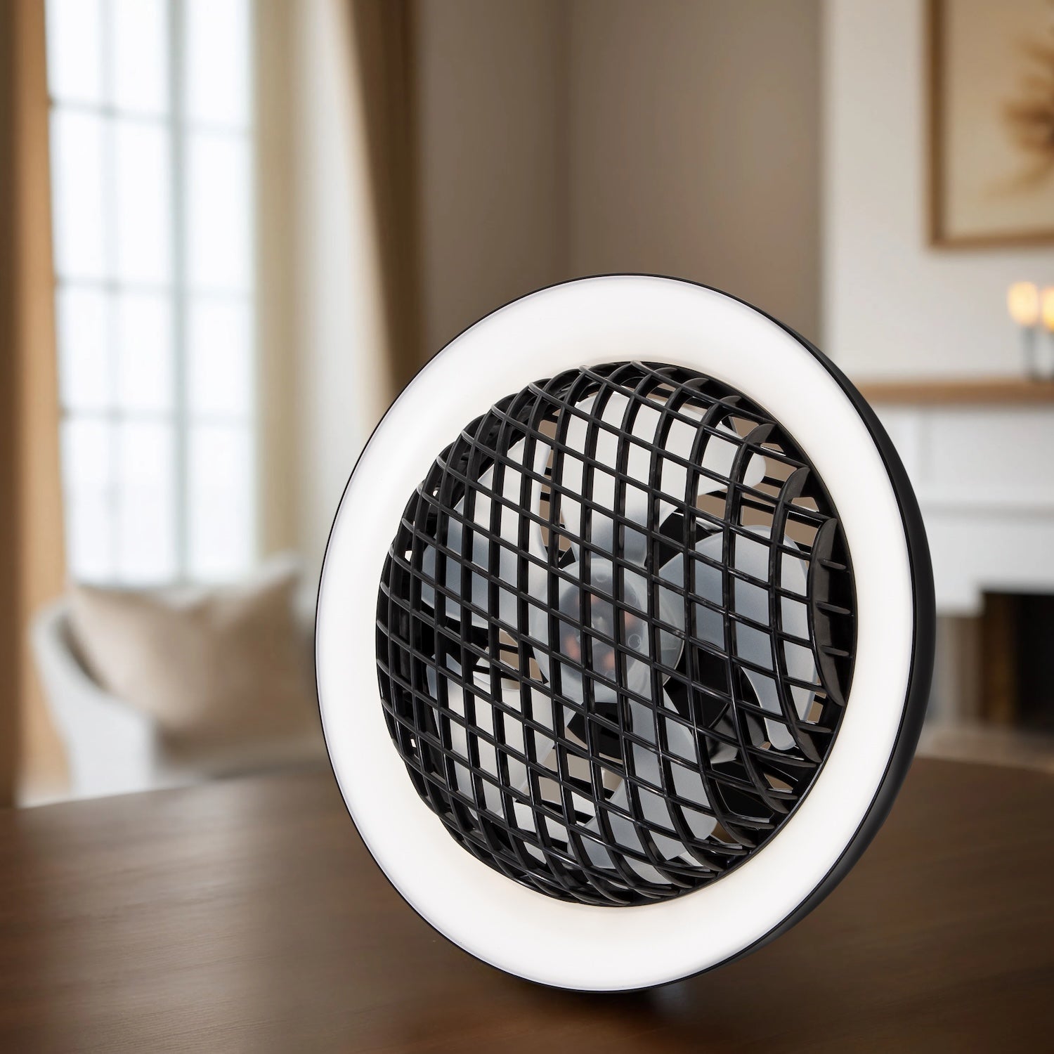 Black Rechargeable 3 Speed Desk Fan with LED Dimmable Ring Light Image 6
