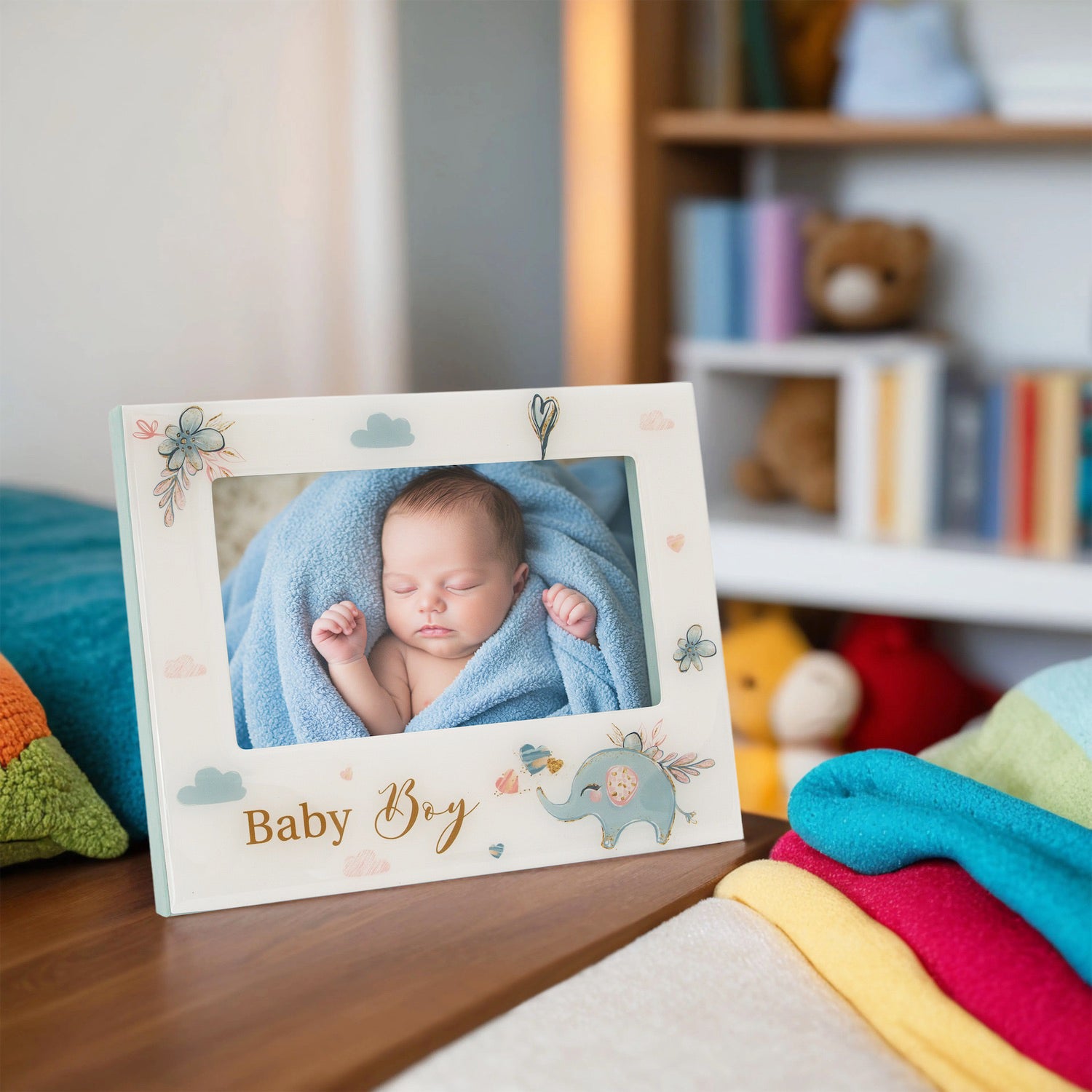 Baby Boy Baby Picture Frame with Duck Egg Blue Elephant and Hearts Image 5
