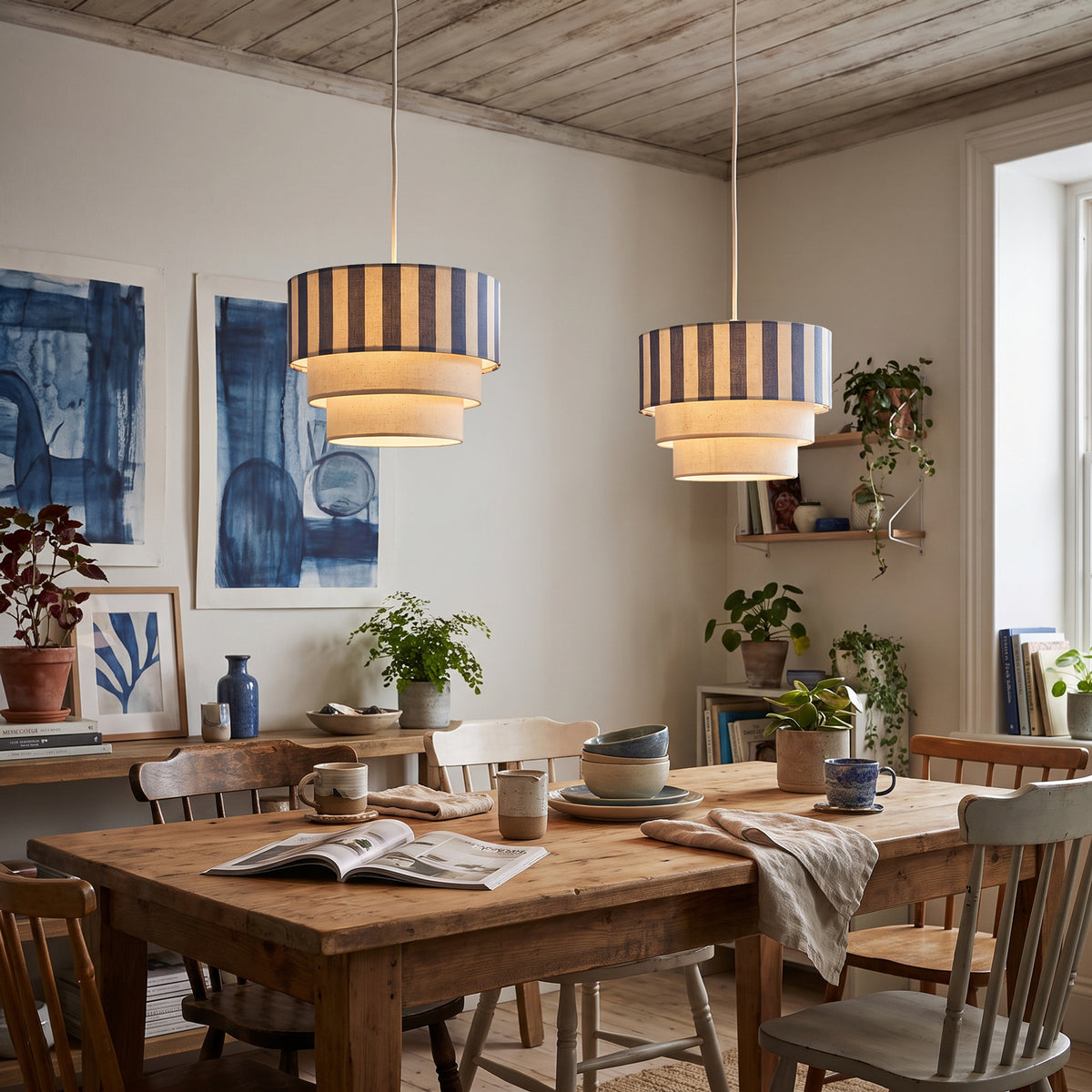 Modern Three Tier Pendant Light Shade with Dusty Amparo Blue Stripes Image 6