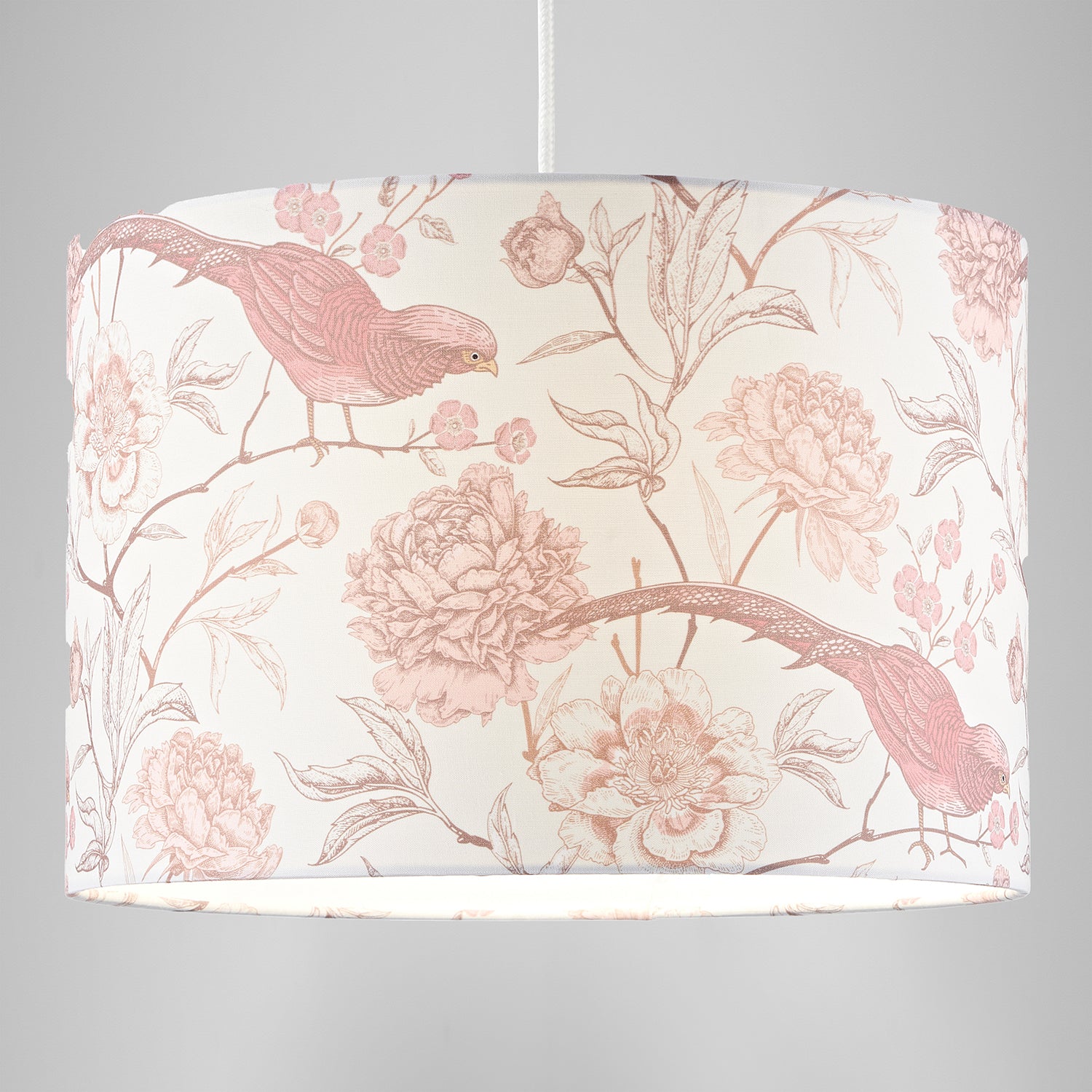 Traditional Cotton Lamp Shade with Pink Long Tailed Birds and Floral Decor Image 2