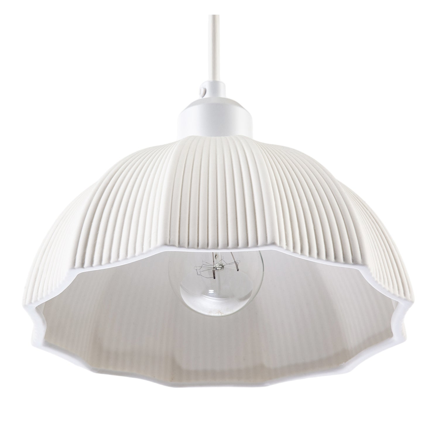 Frosted White Ceramic Umbrella Pendant Light Shade with Etched Lines Image 5