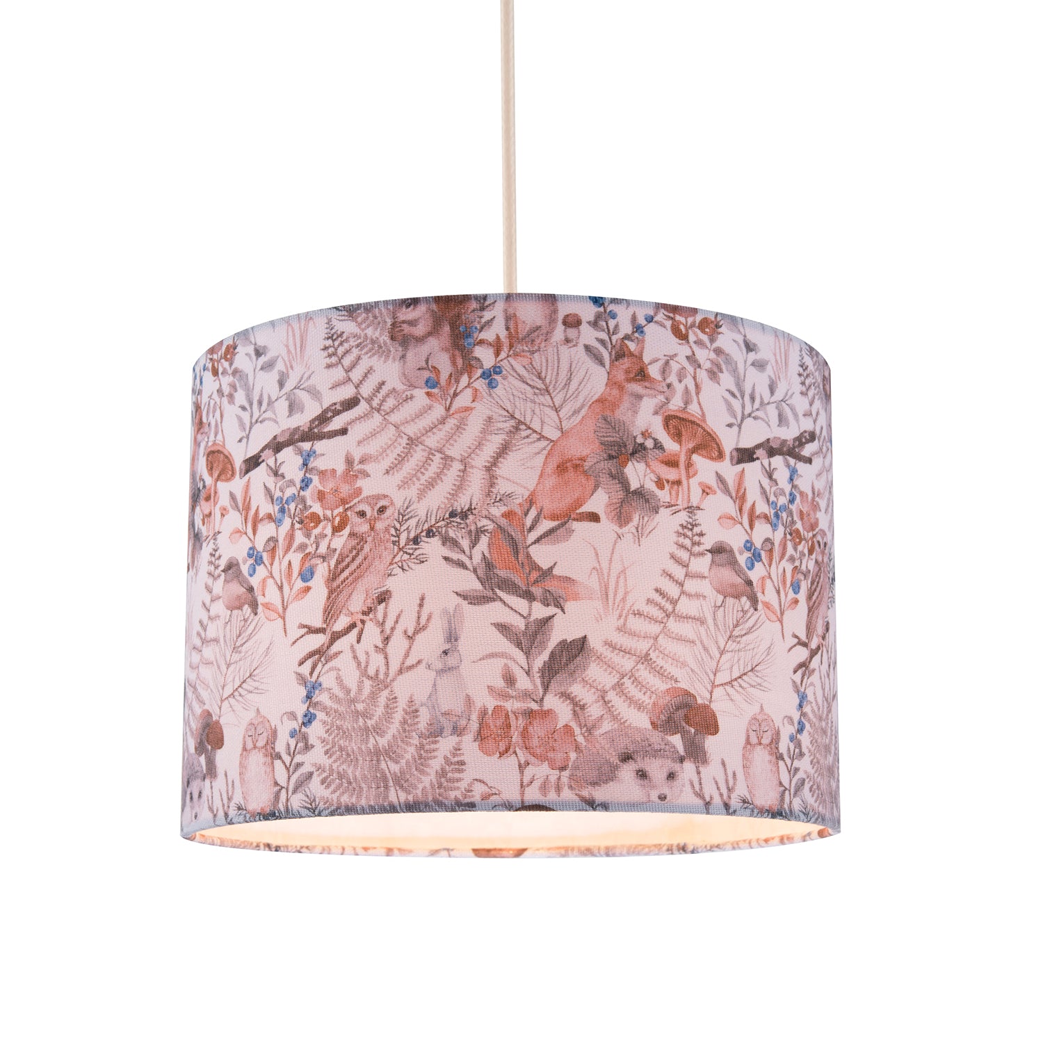 Autumnal Linen Lamp Shade with Woodland Creatures Owls Birds Badgers Image 2