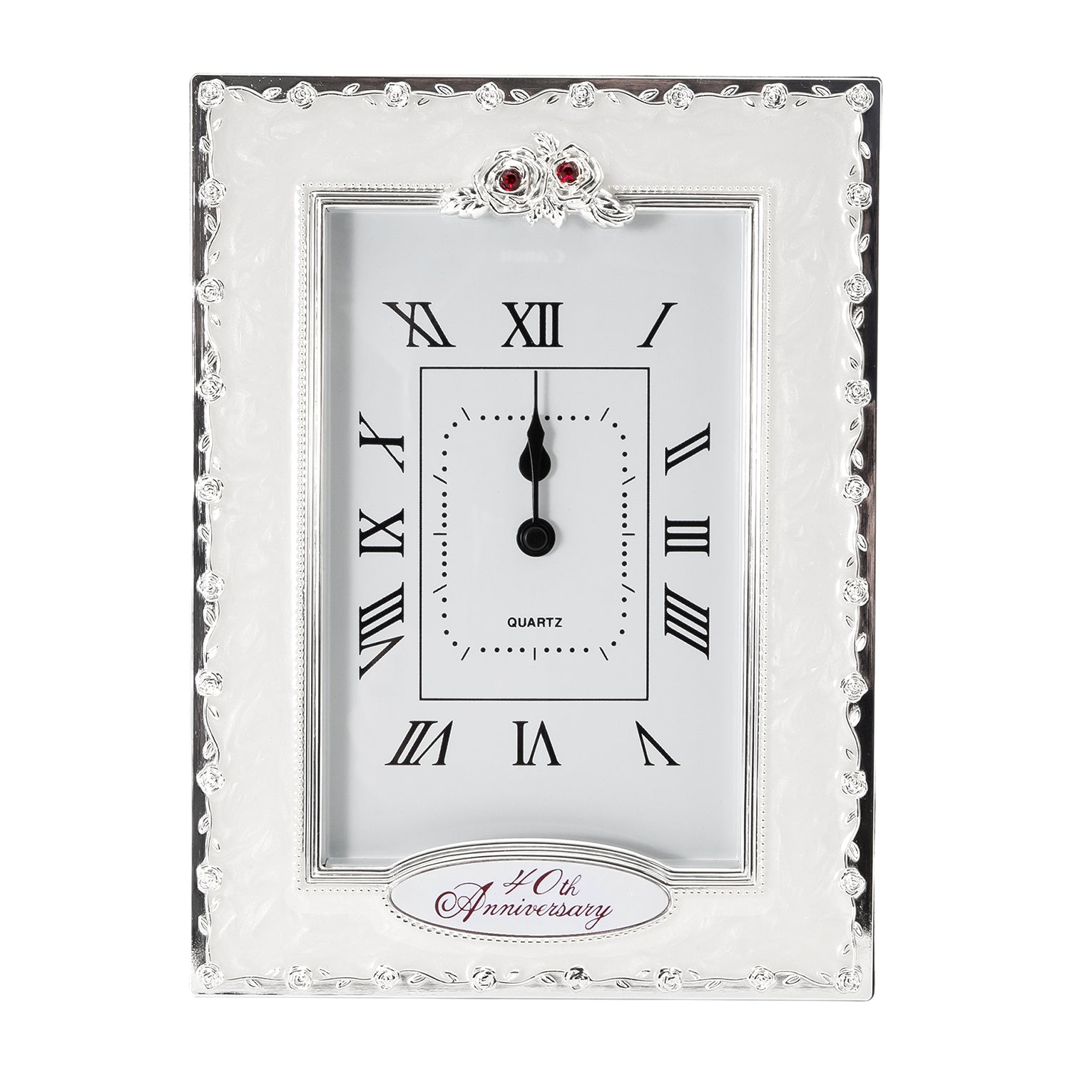 40th Anniversary Clock with Silver Plated Roses and Red Diamantes Image 3