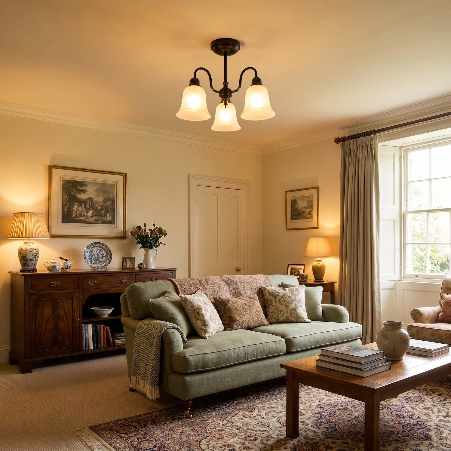Classic and Ornate Matte Black Ceiling Light Fitting with Glass Shades Image 6