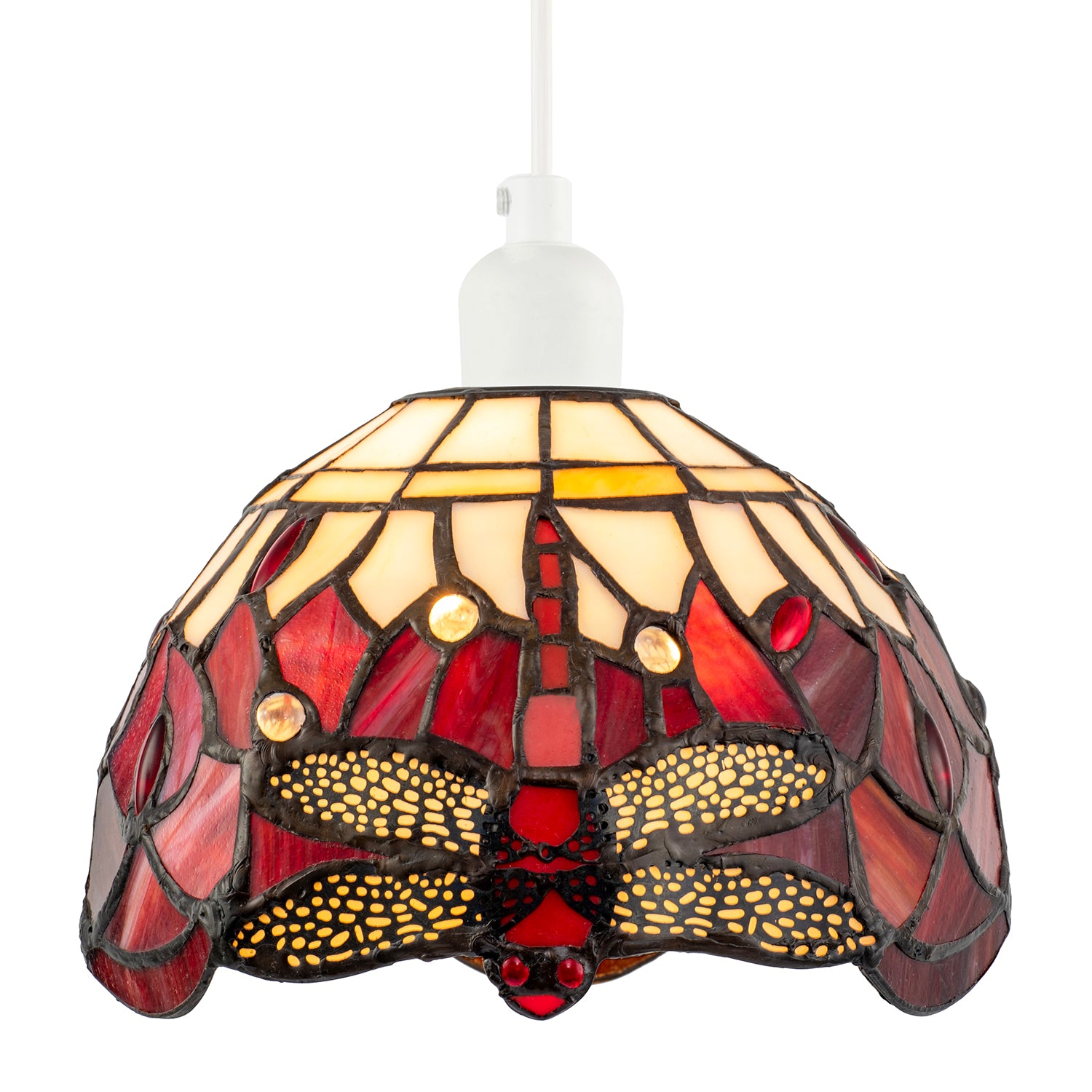Deep Red and White Stained Glass Dragonfly Tiffany Pendant Shade Image 2