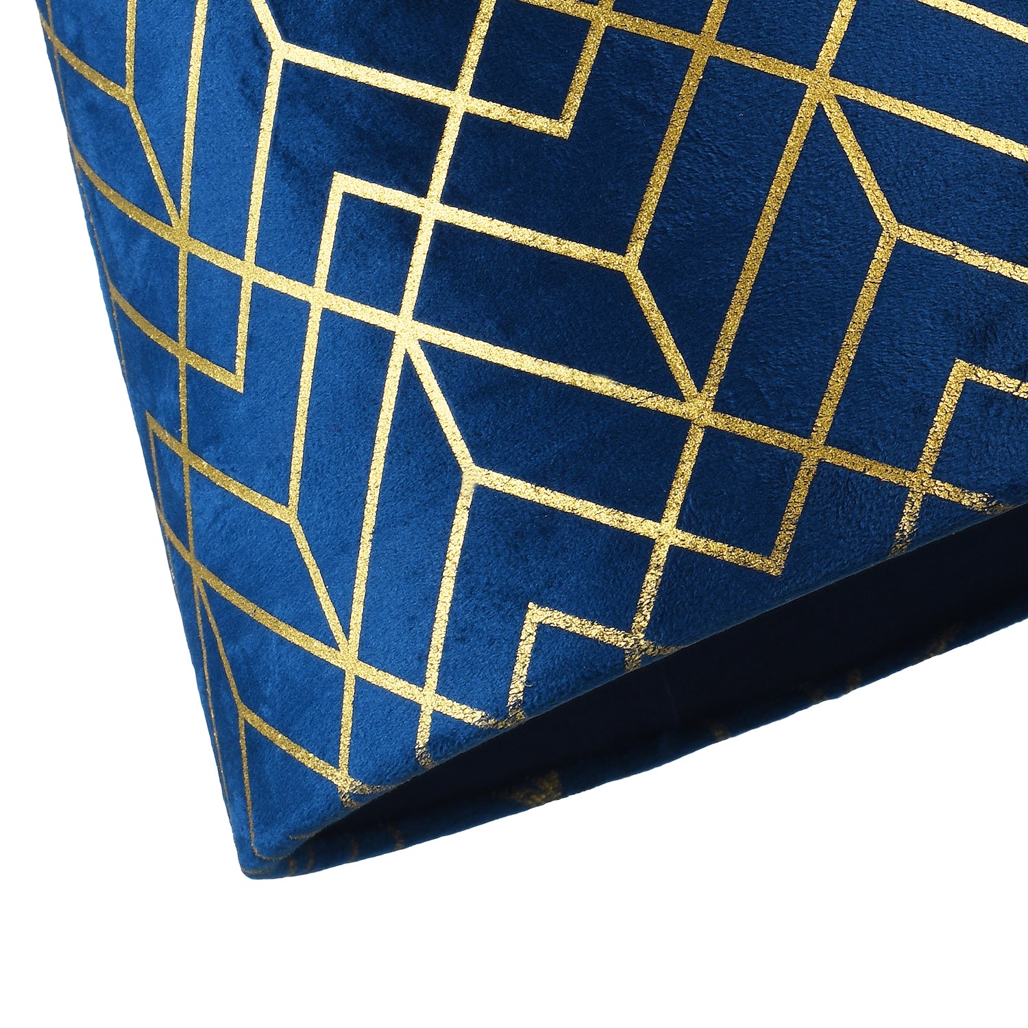 Navy Blue Velvet Lamp Shade with Geometric Design in Metallic Gold Foil Lines Image 5