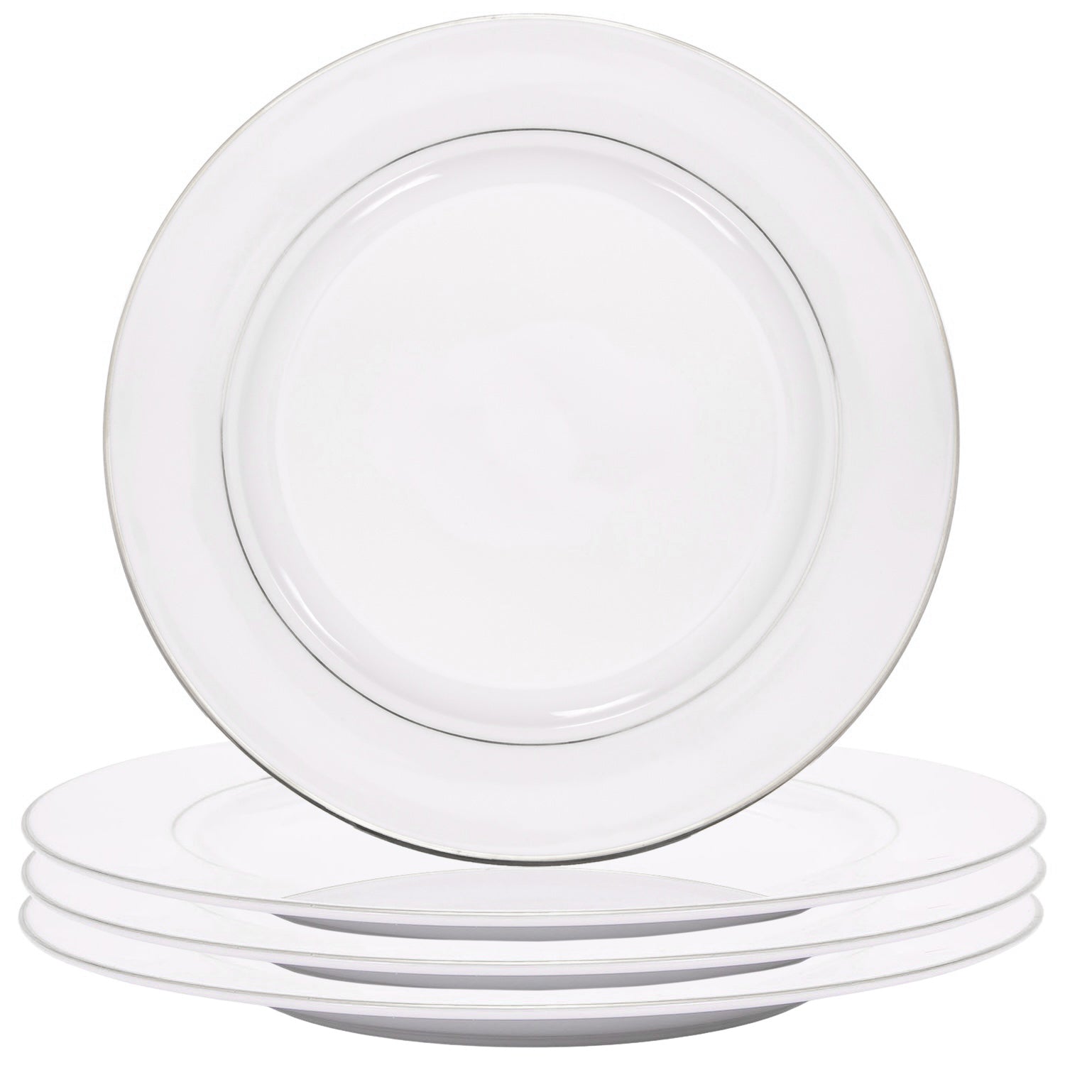 Set of 4 Durable White Ceramic Dinner Plates with Dual Silver Metallic Rims Image 1