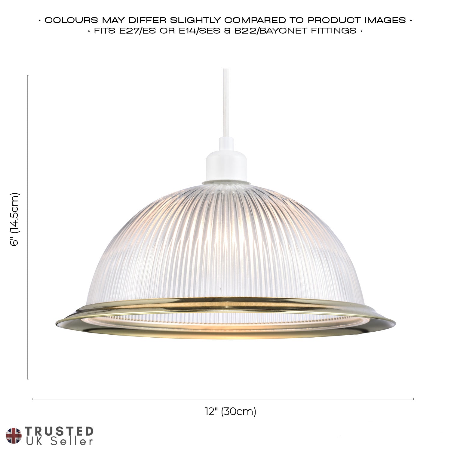 Traditional Classic American Diner Pendant Shade with Gold Trim and Ribbed Glass Image 4