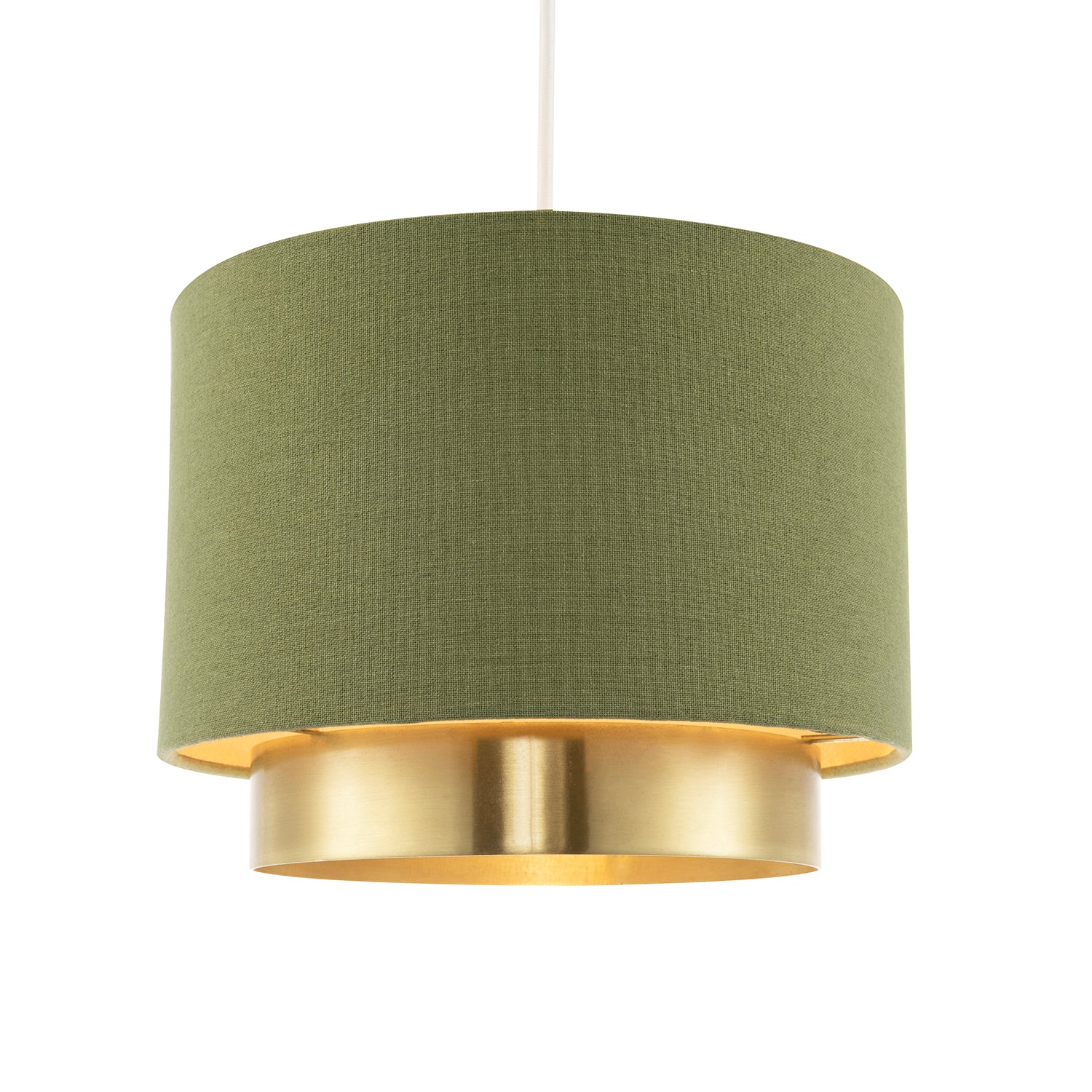 Olive Green Linen Fabric Pendant Shade with Brushed Gold Metal Ring Image 1