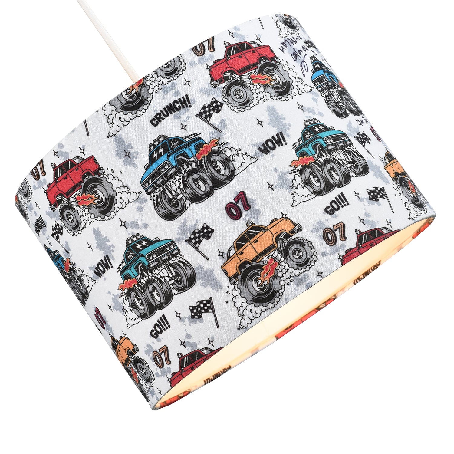 Modern and Colourful Monster Trucks Kids Cotton Fabric Drum Lamp Shade - 25cm Image 2