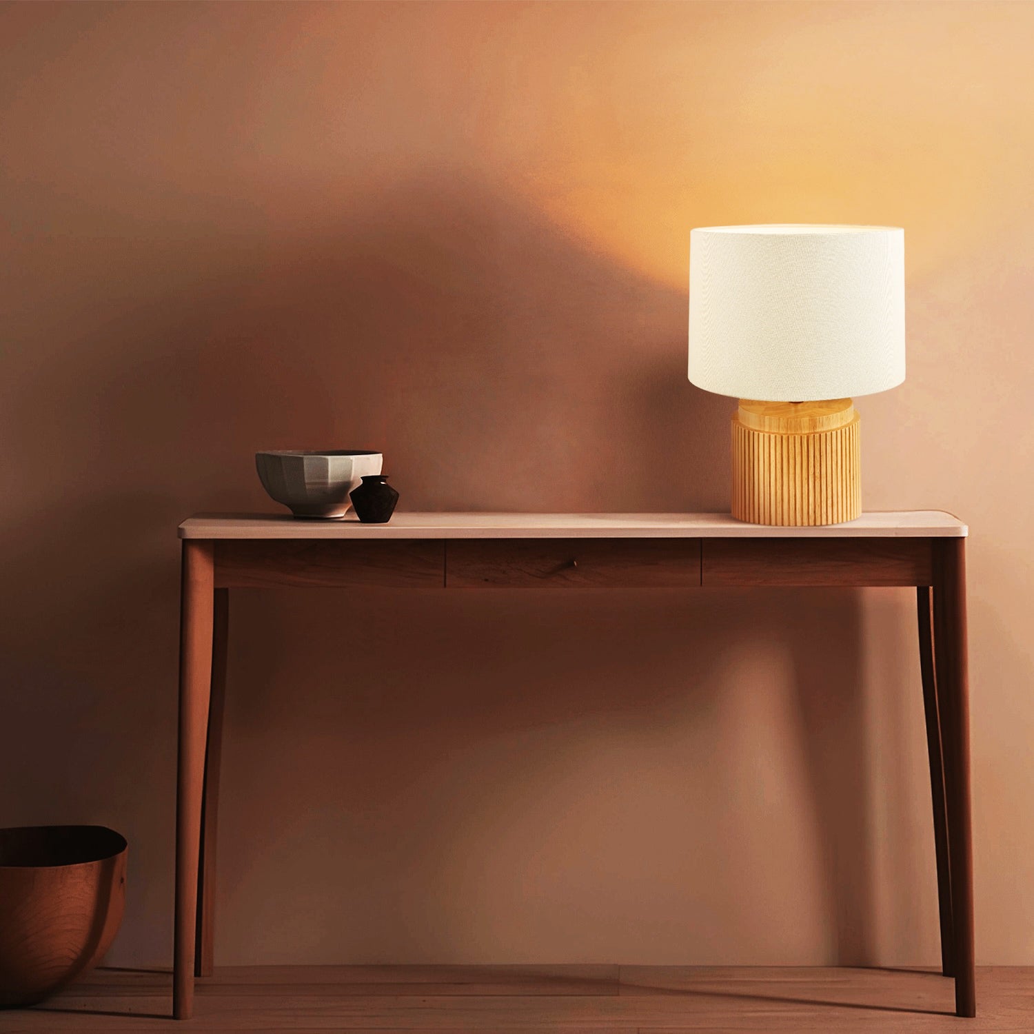 Classic and Stylish Real Wooden Table Lamp with Natural Cream Linen Fabric Shade Image 7