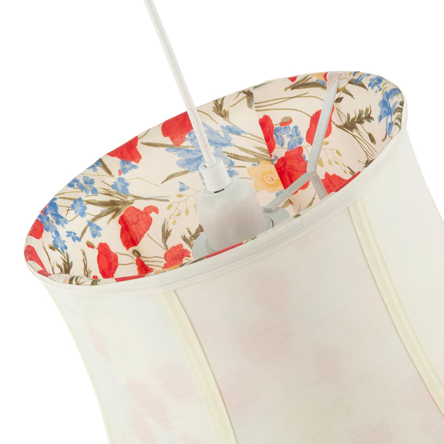 Classic Curved Cream Cotton Drum Shade with Blue and Red Floral Inner Image 5