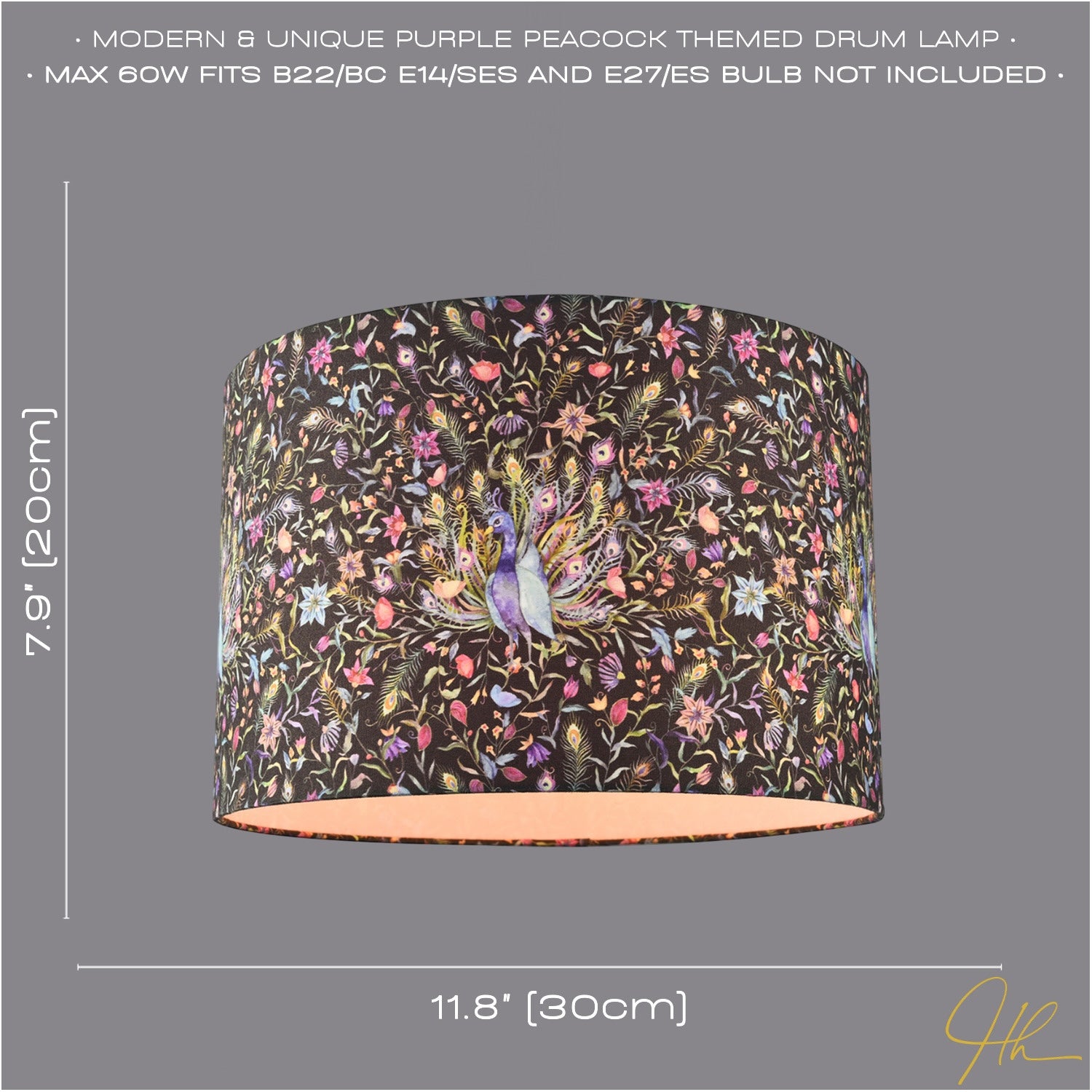 Purple Peacock and Multi Coloured Floral Cotton Fabric Drum Lamp Shade Image 6