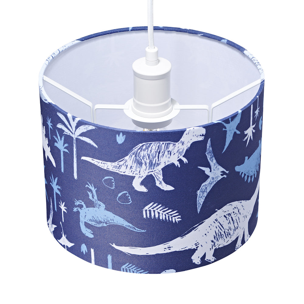 Modern and Fun Dinosaur Themed Navy Blue and White Cotton Children's Lamp Shade Image 4