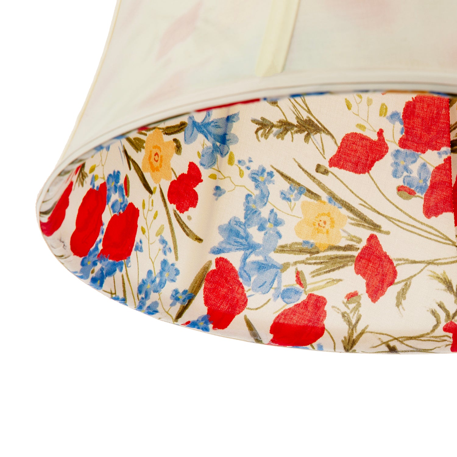 Classic Curved Cream Cotton Drum Shade with Blue and Red Floral Inner Image 3