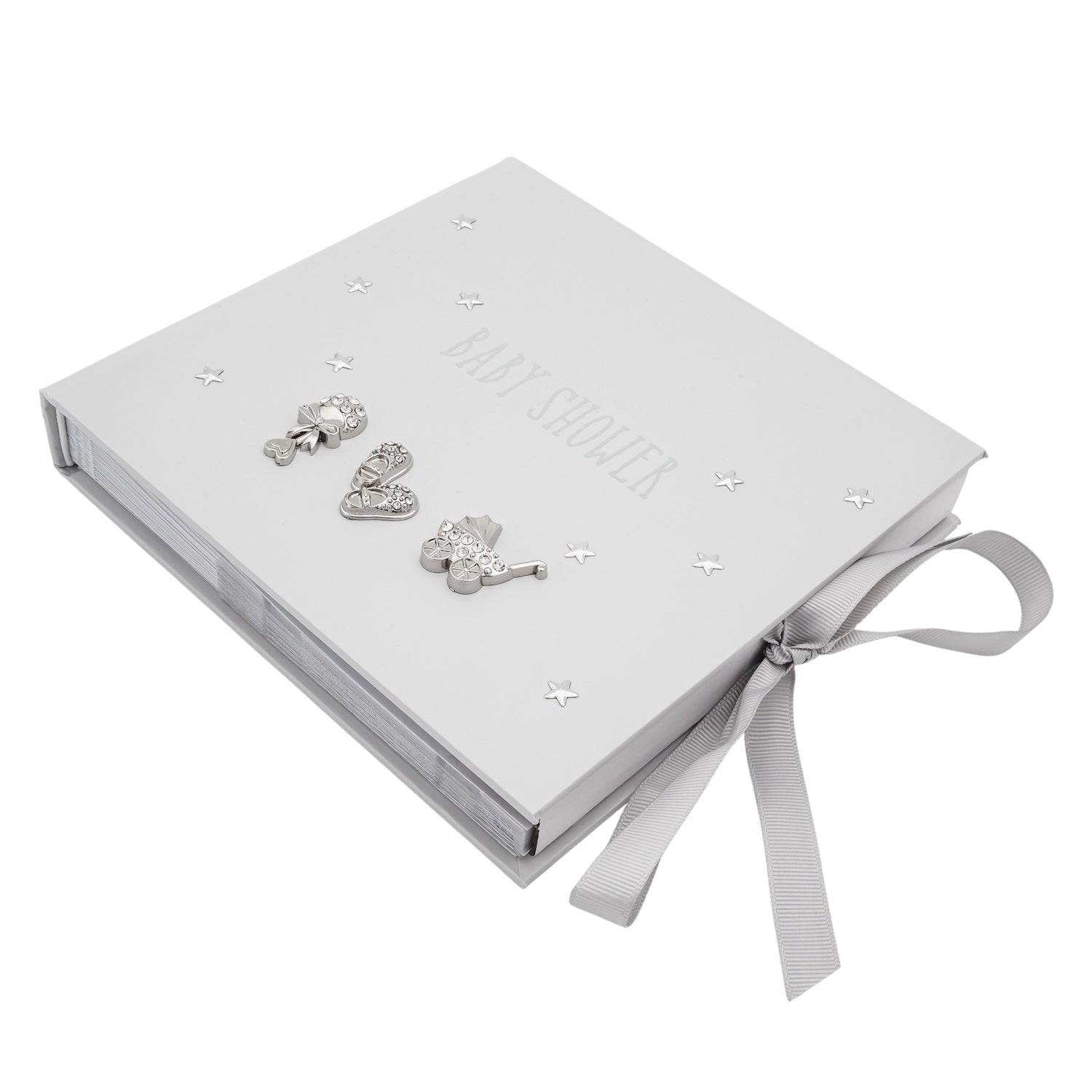 Baby Shower Photo Album with Silver Plated Rattle Pram and Booties Image 2