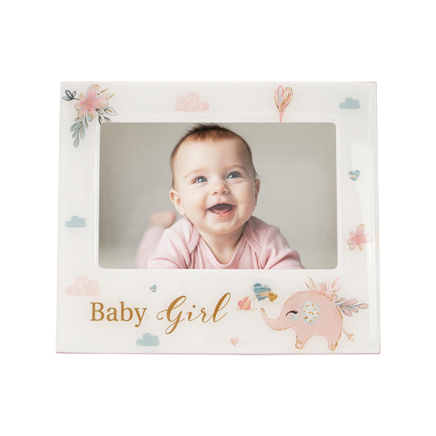 Baby Girl Baby Picture Frame with Soft Pastel Pink Elephant and Hearts Image 3