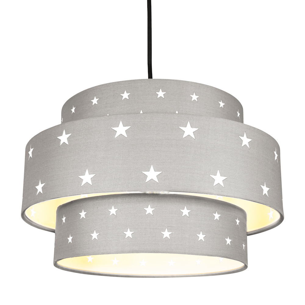 Triple Tier Midnight Grey Cotton Fabric Childrens Pendant Shade with Stars Decor Image 3